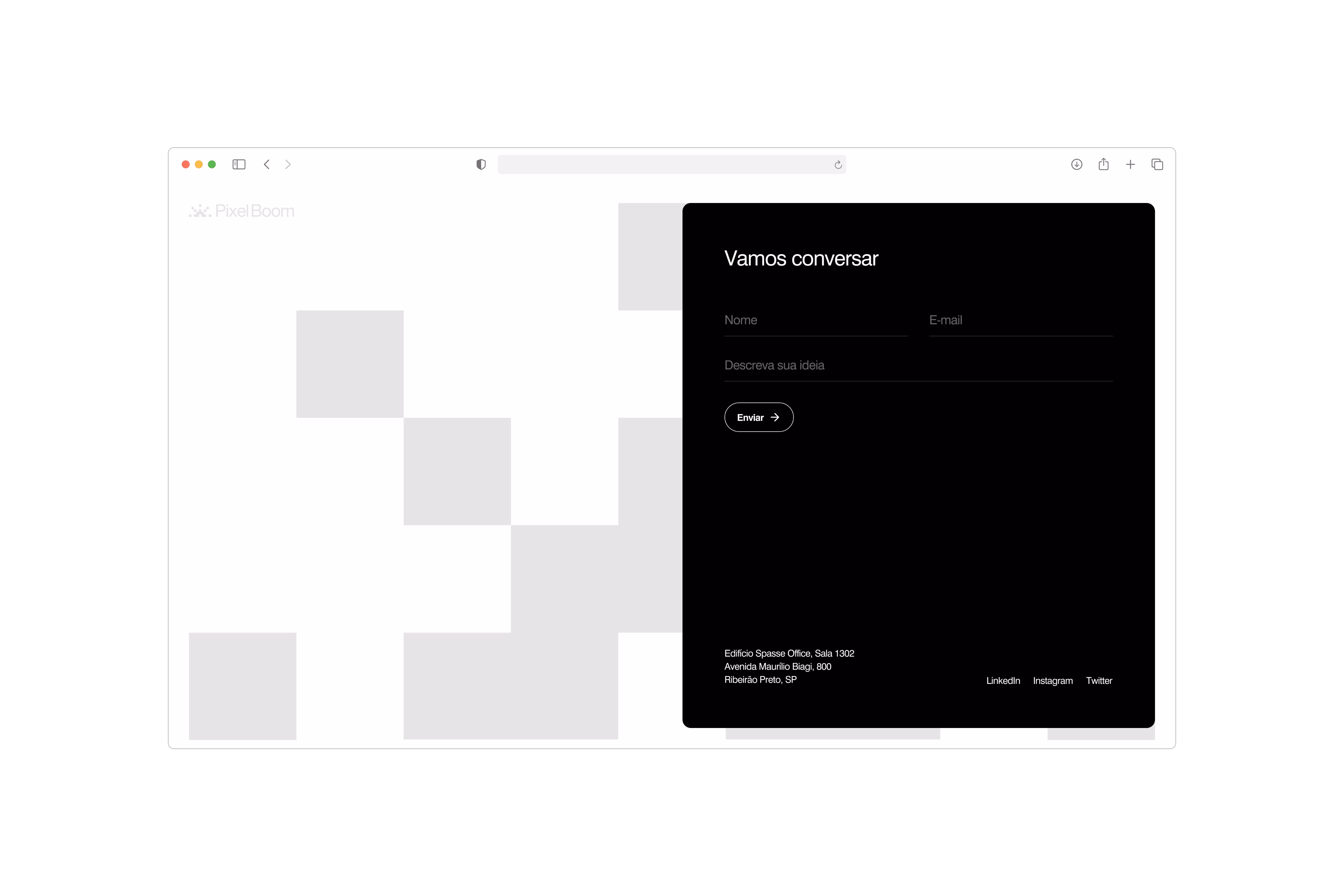 Pixel Boom — Seção de contato do site em desktop