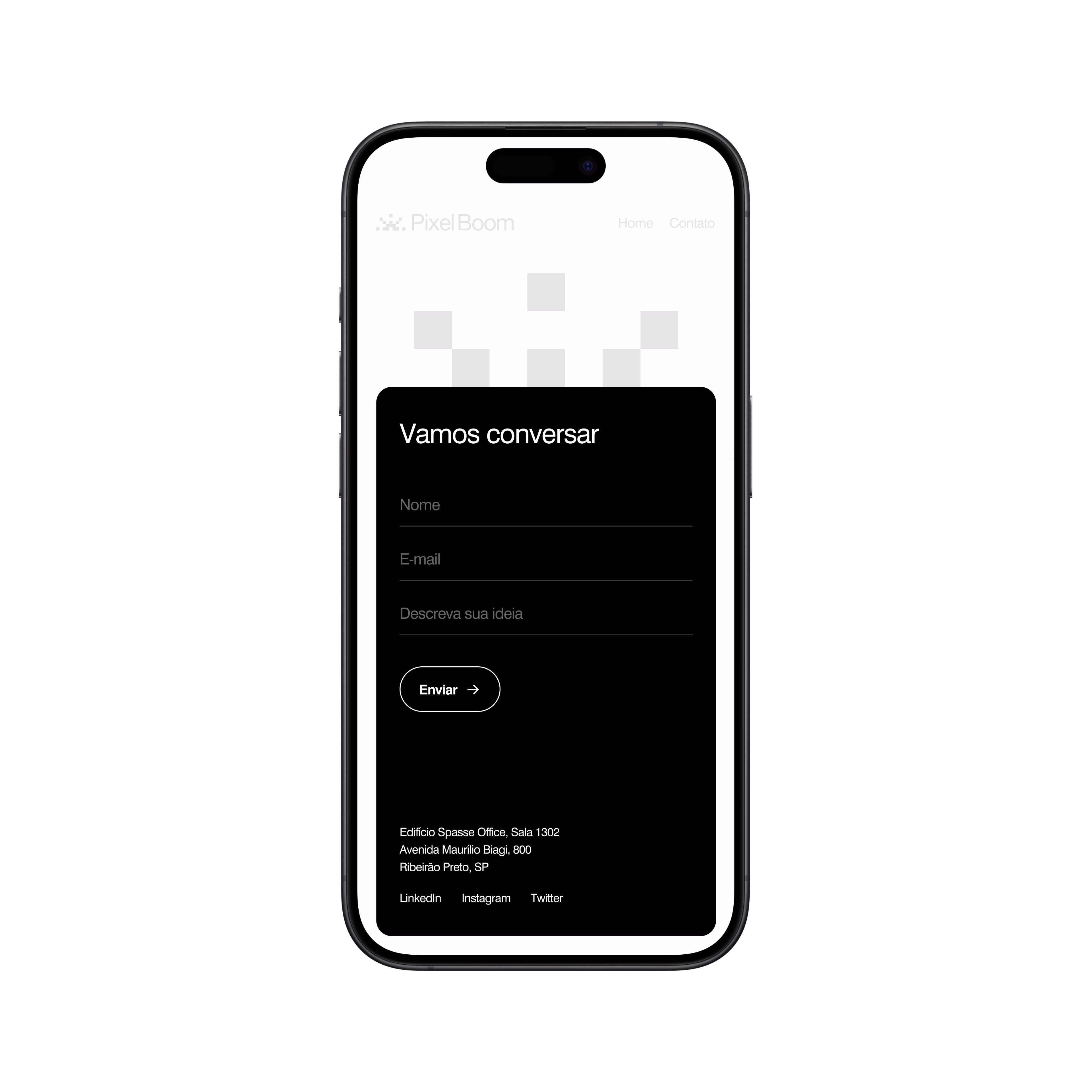 Pixel Boom — Tela mobile da seção de contato