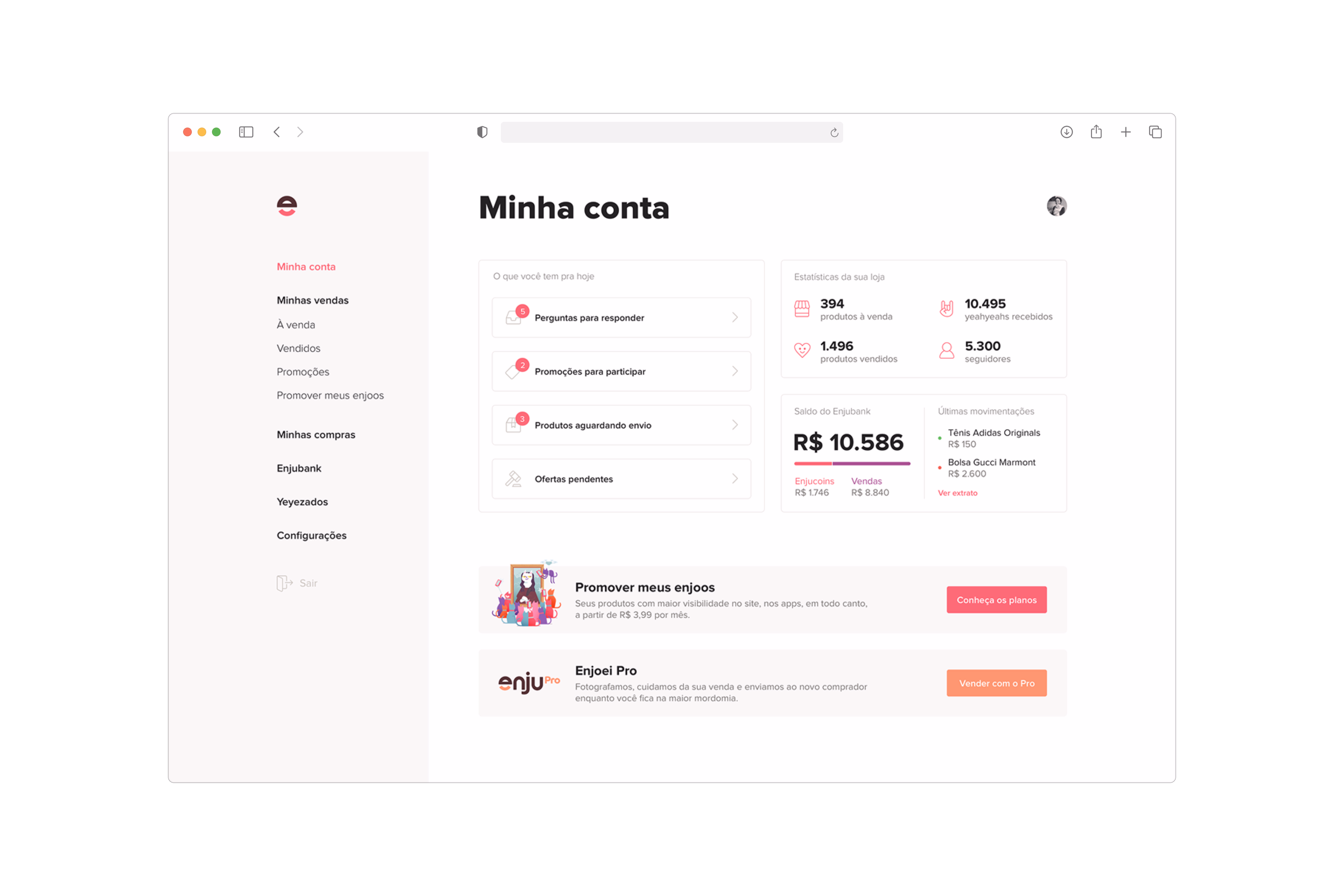 Enjoei — Dashboard de admin em desktop