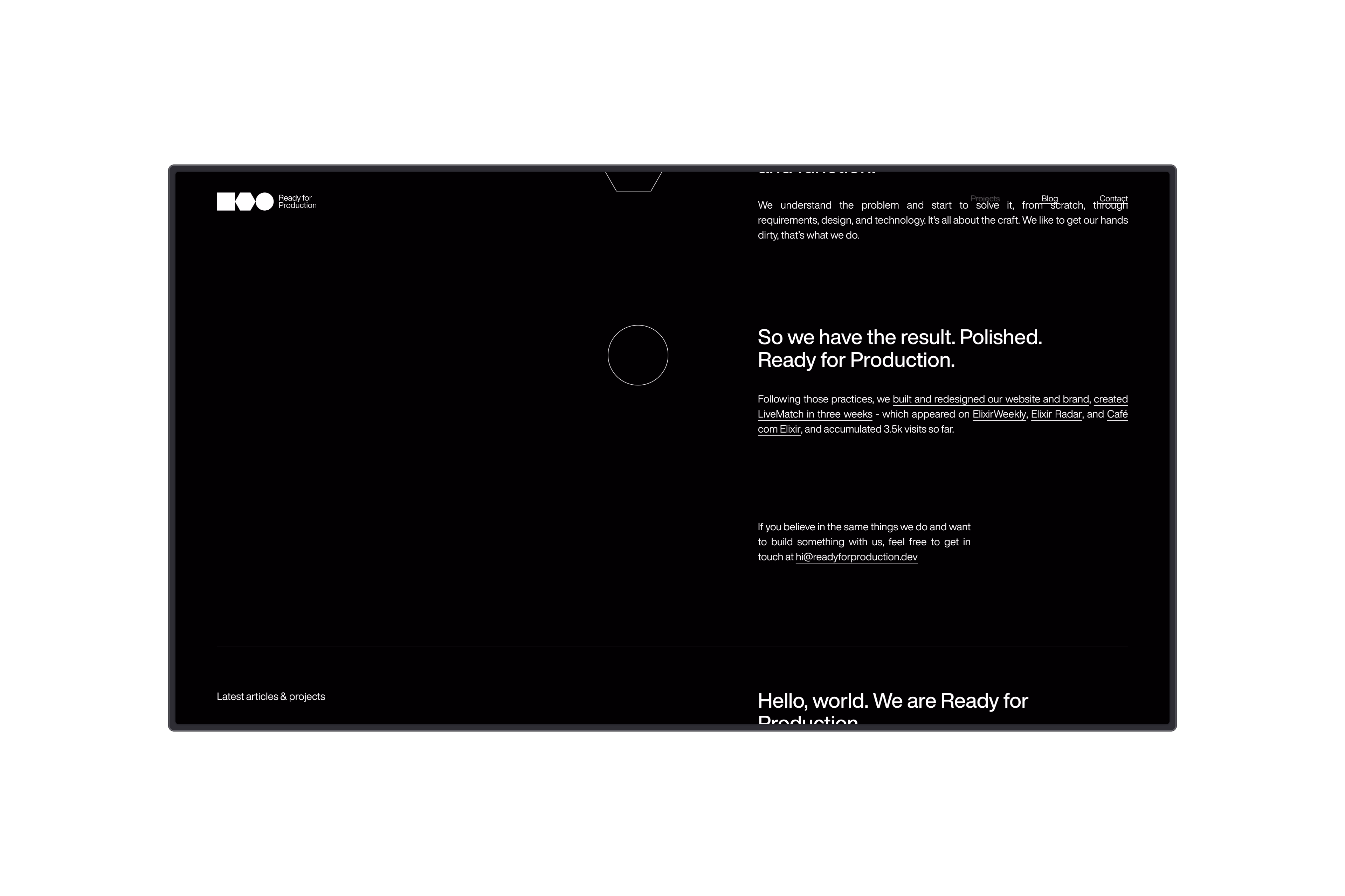 Ready for Production — Terceira seção do site em desktop