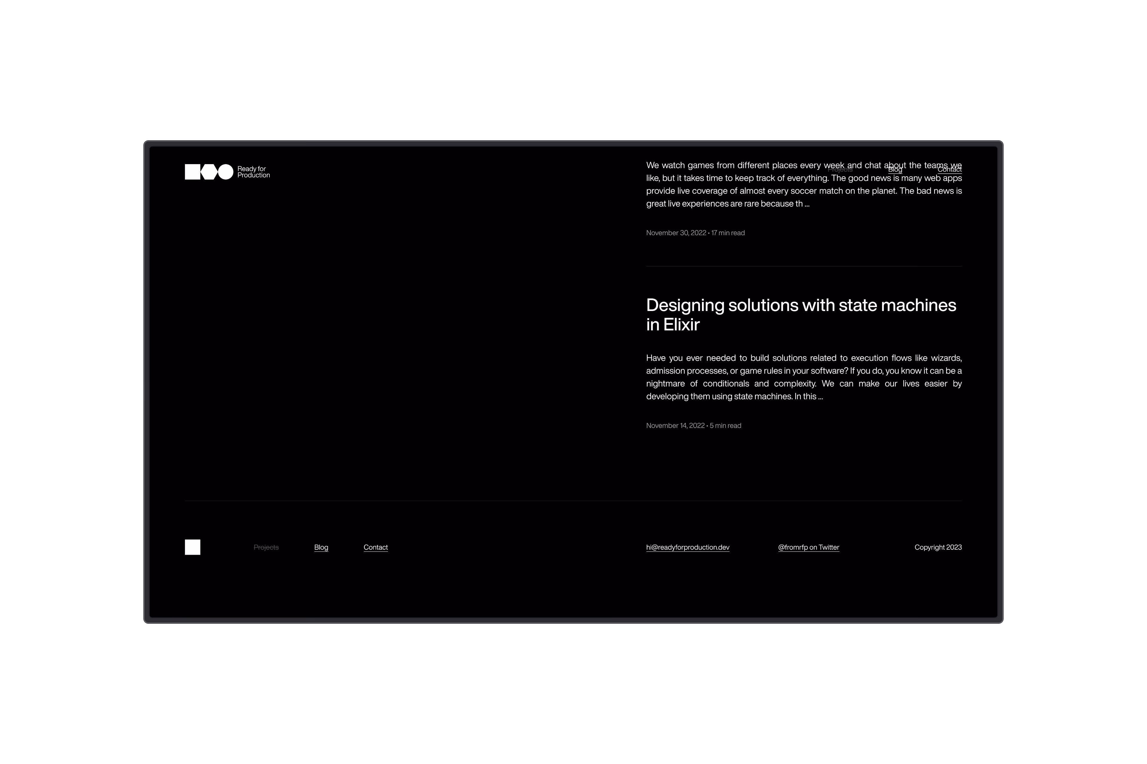 Ready for Production — Quarta seção do site em desktop