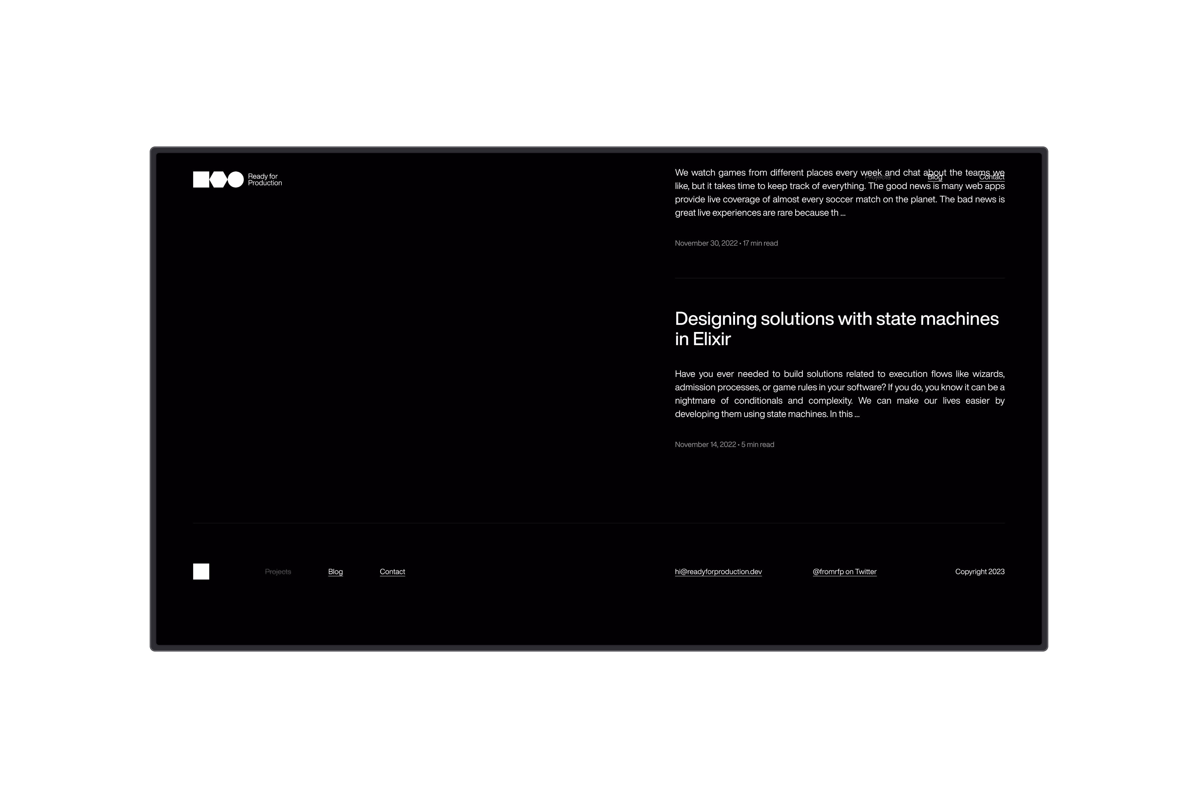 Ready for Production — Quarta seção do site em desktop