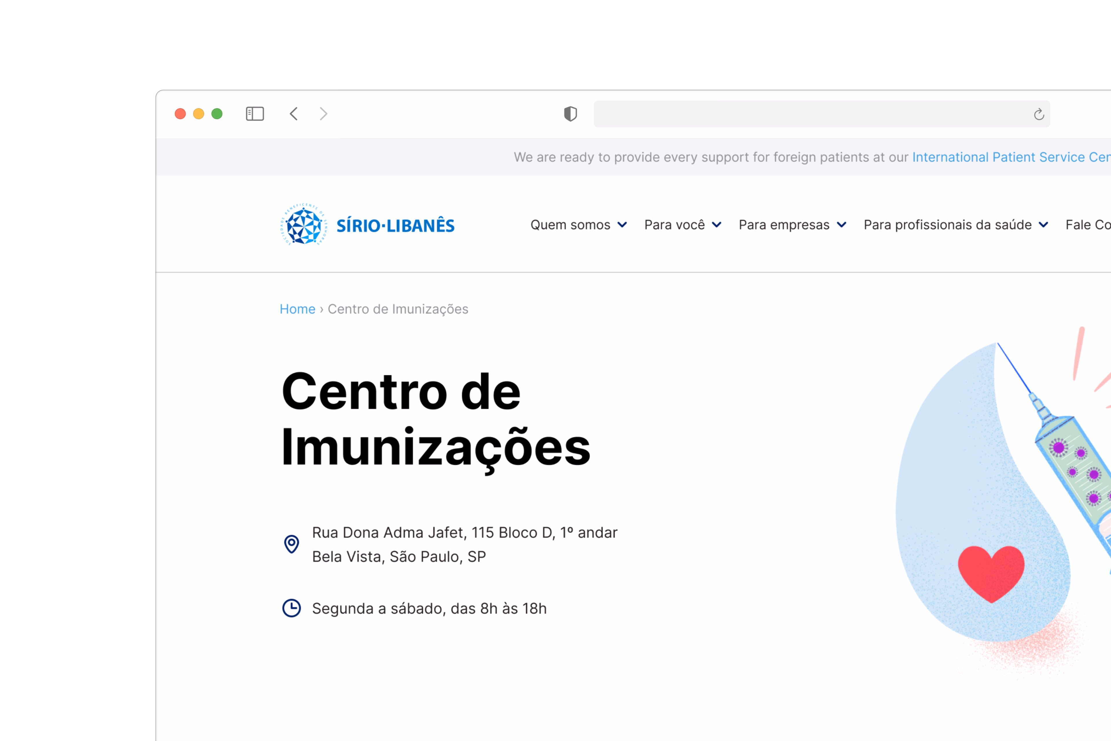 Sírio-Libanês — Página de imunizações em desktop
