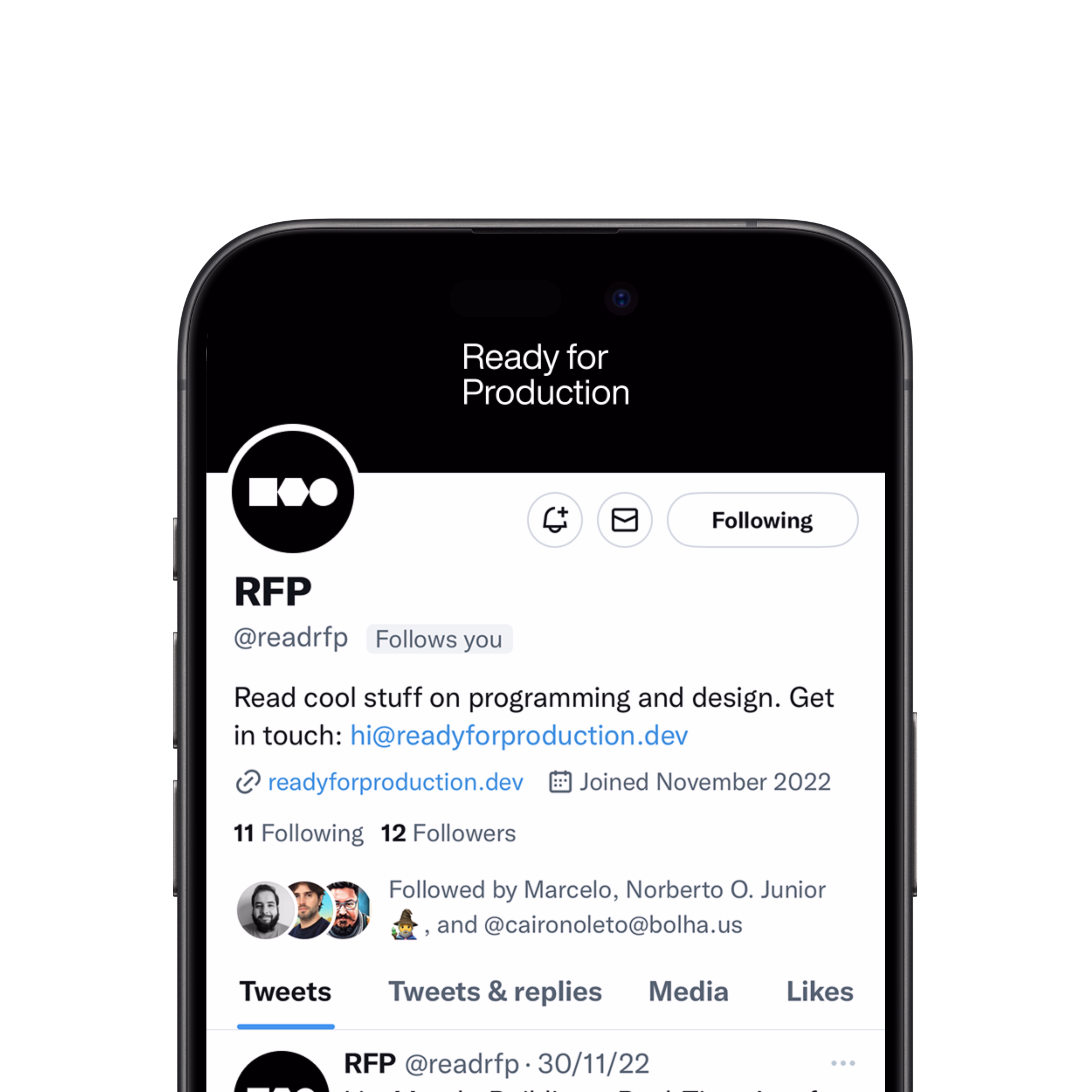 Ready for Production — Tela mobile do perfil do projeto no Twitter