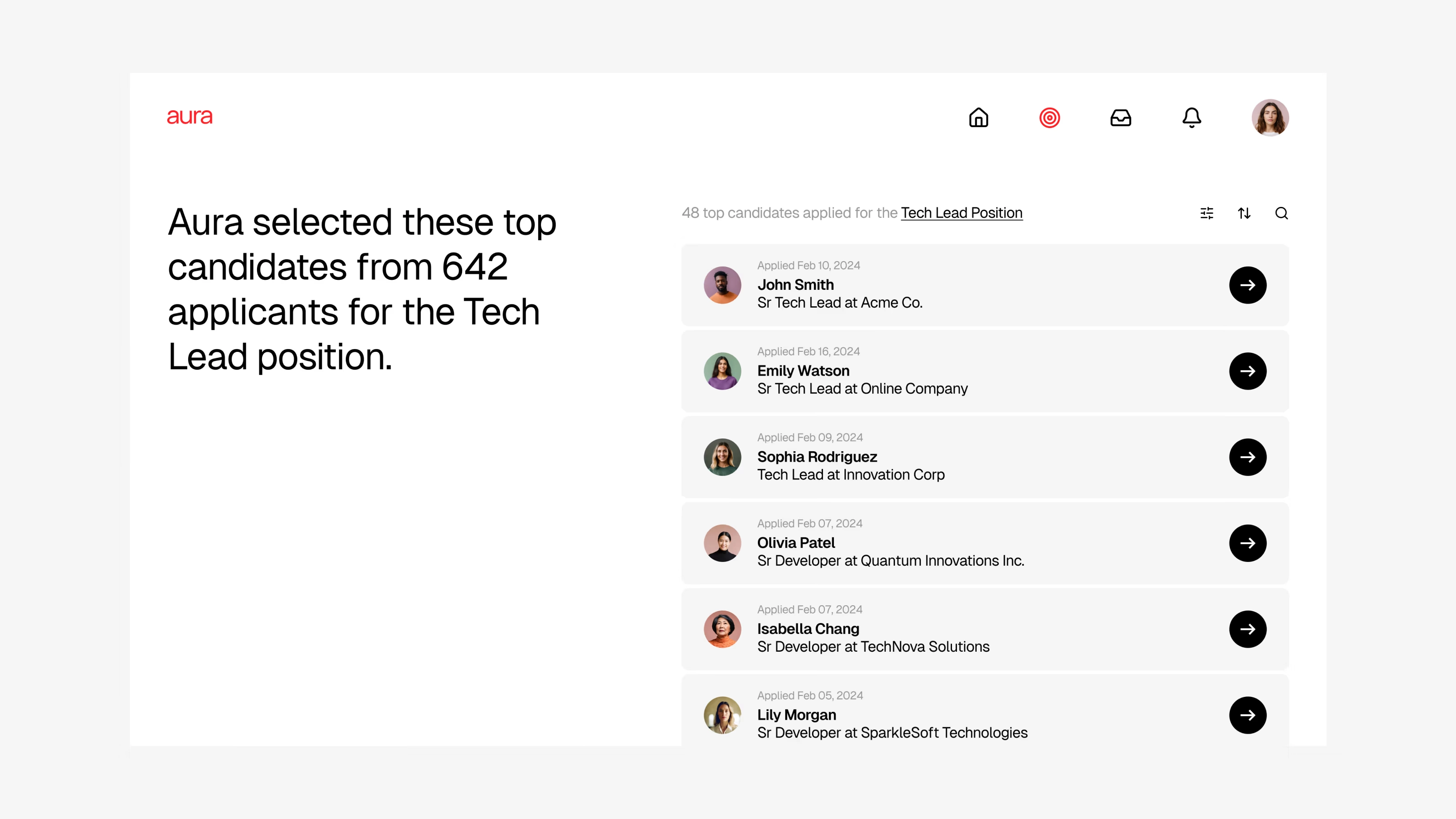 Aura — Resultados de candidatos filtrados por IA para vaga de Tech Lead