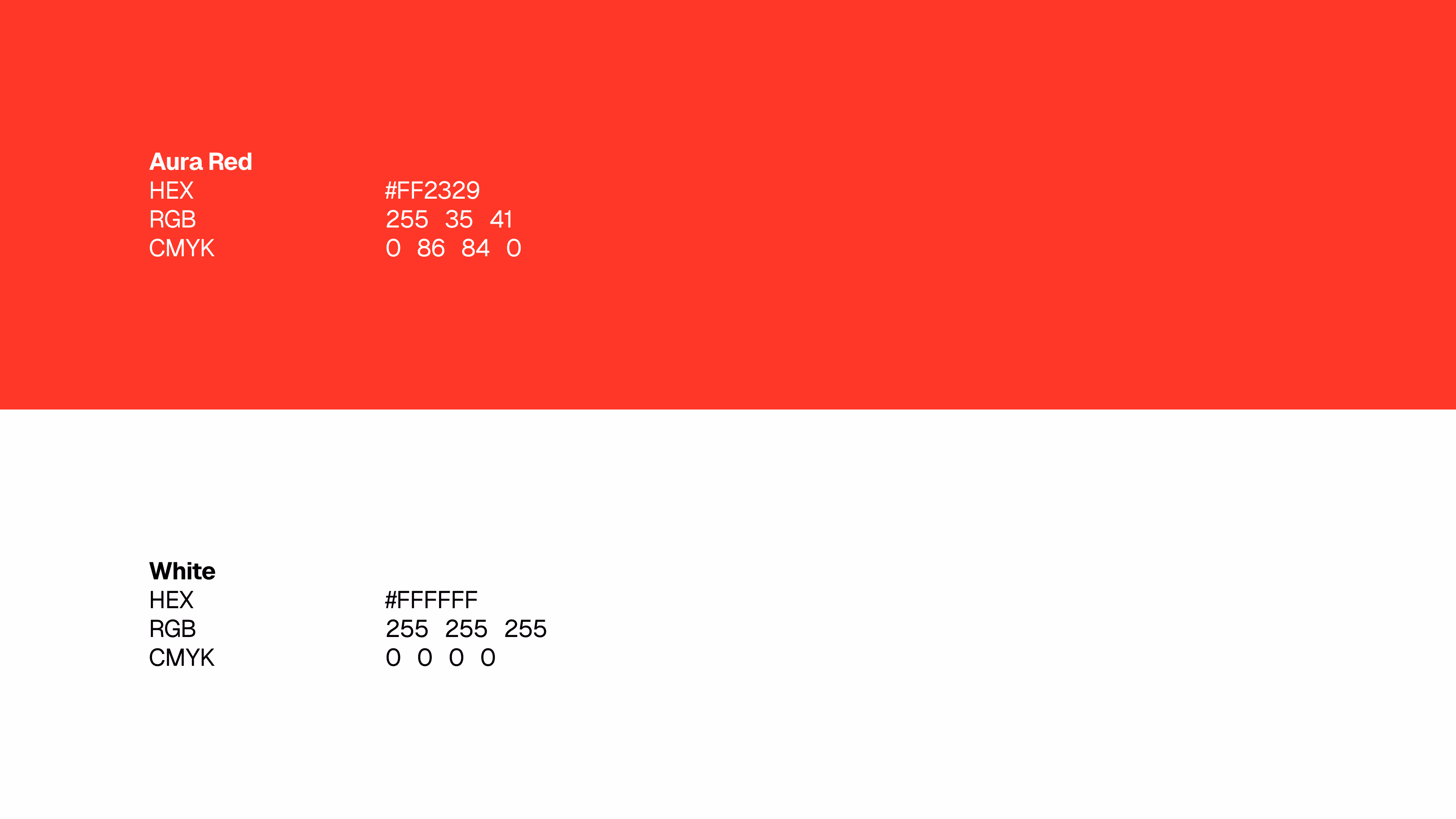 Aura — Brand color palette: Aura Red and White with specifications