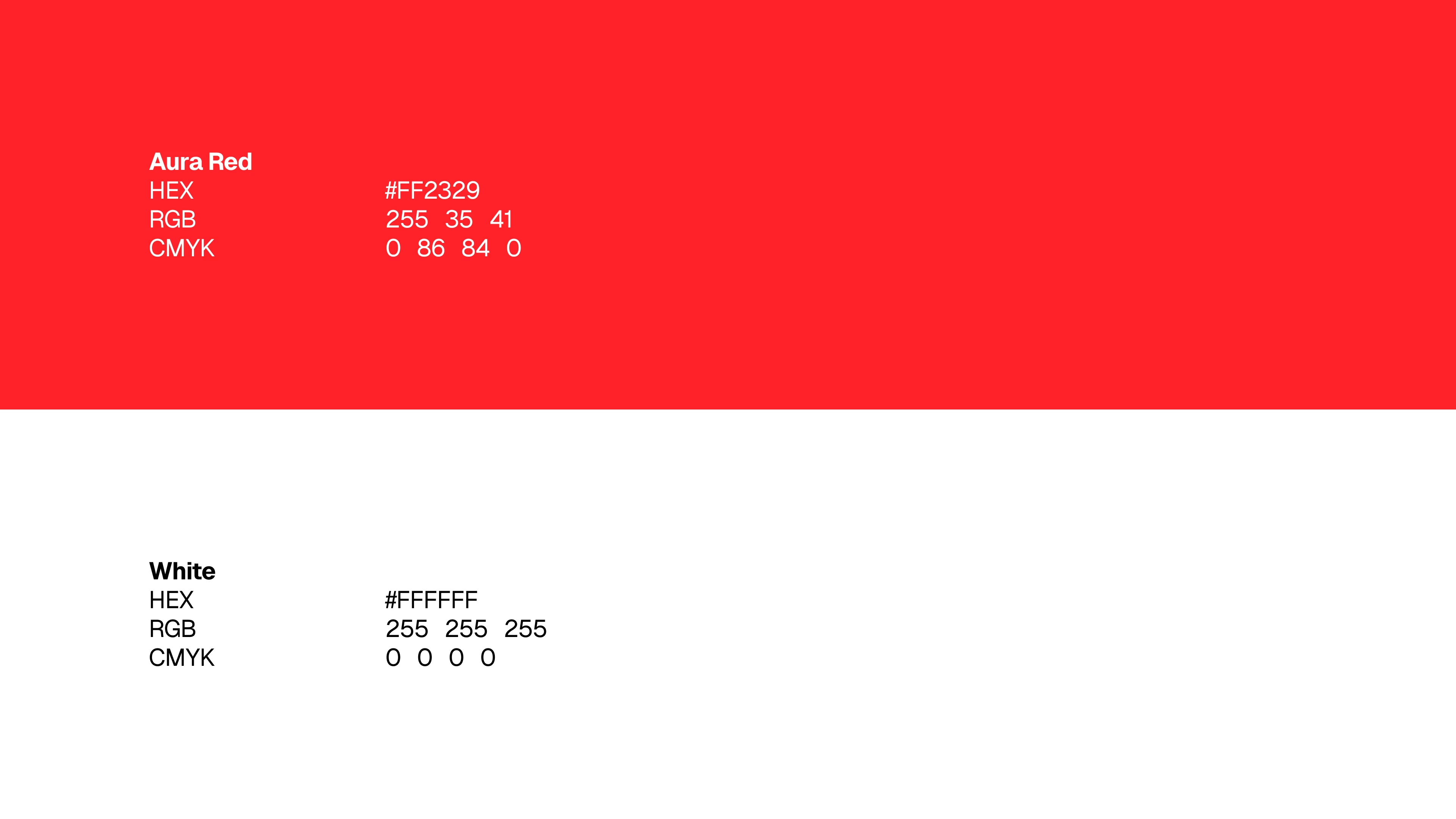 Aura — Paleta de cores da marca: Aura Red e White com especificações