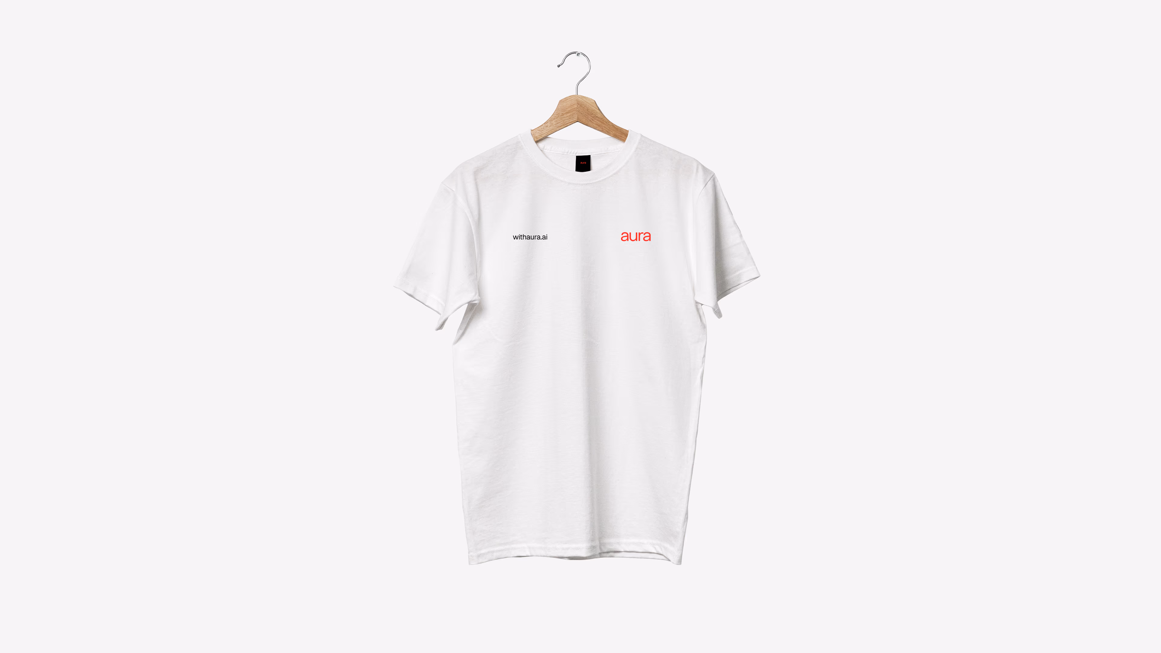 Aura — White t-shirt mockup with URL and logotype