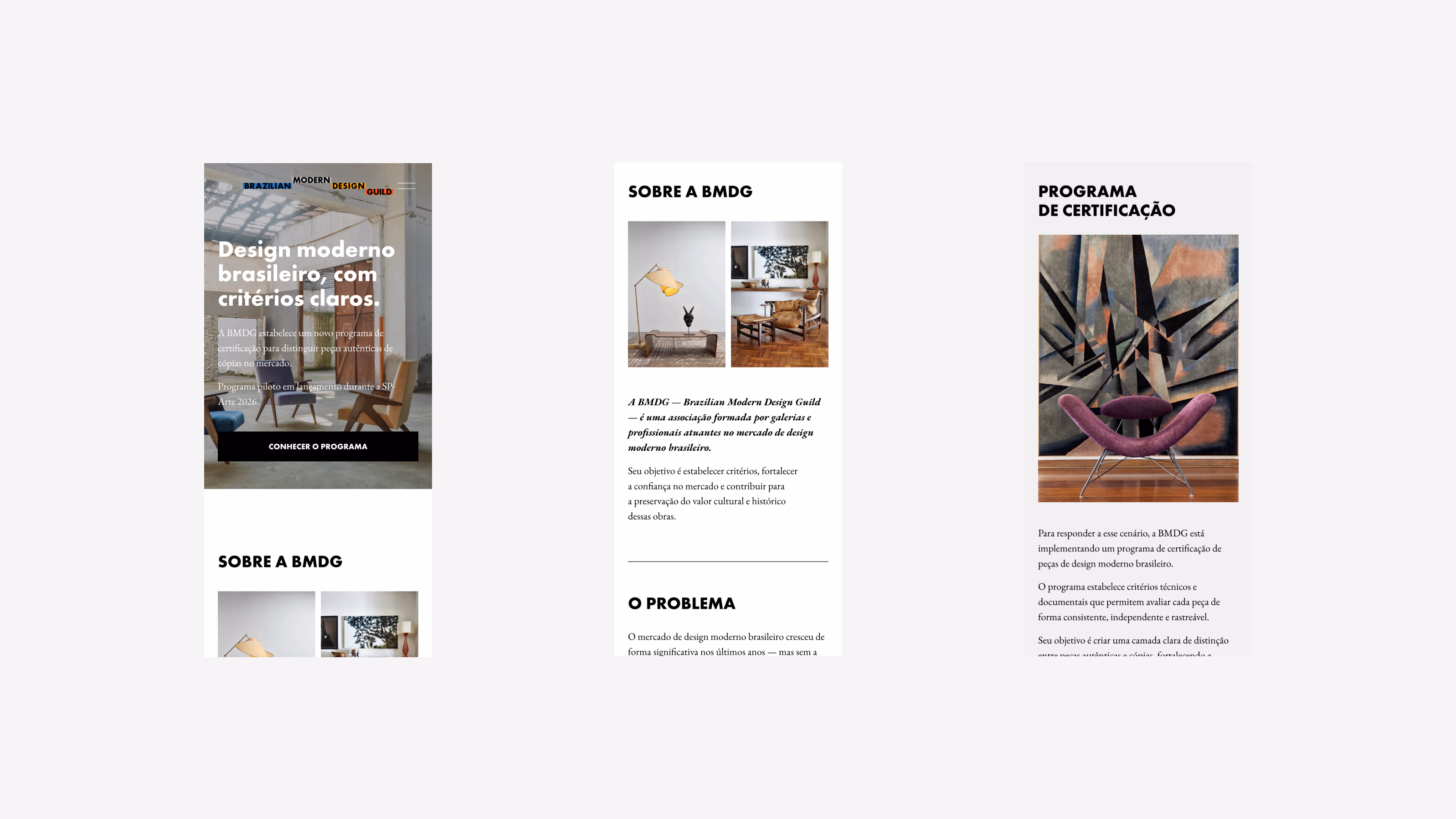 BMDG — Mobile website views with hero, certification, and navigation