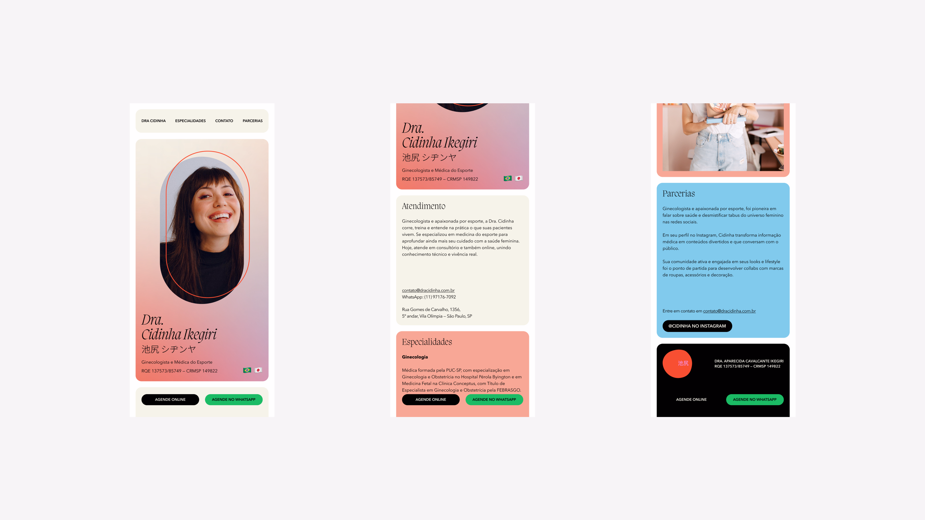 Cidinha — Three mobile responsive screens with hero, services, and footer