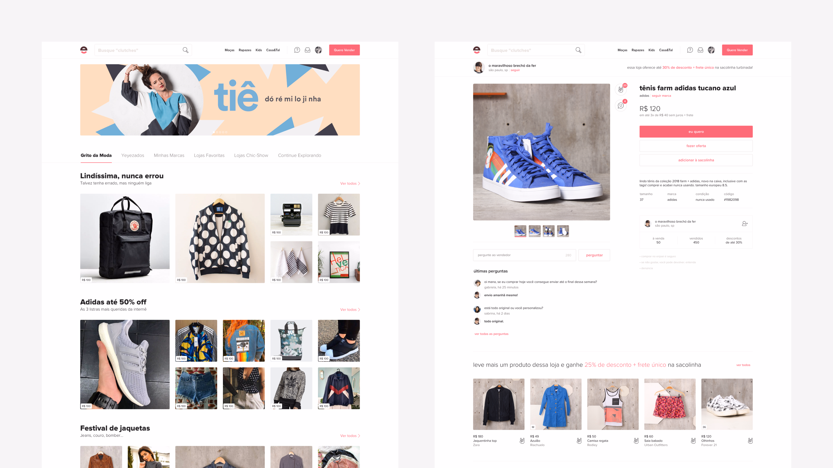 Enjoei — Desktop homepage with promotional banner and sneaker product page