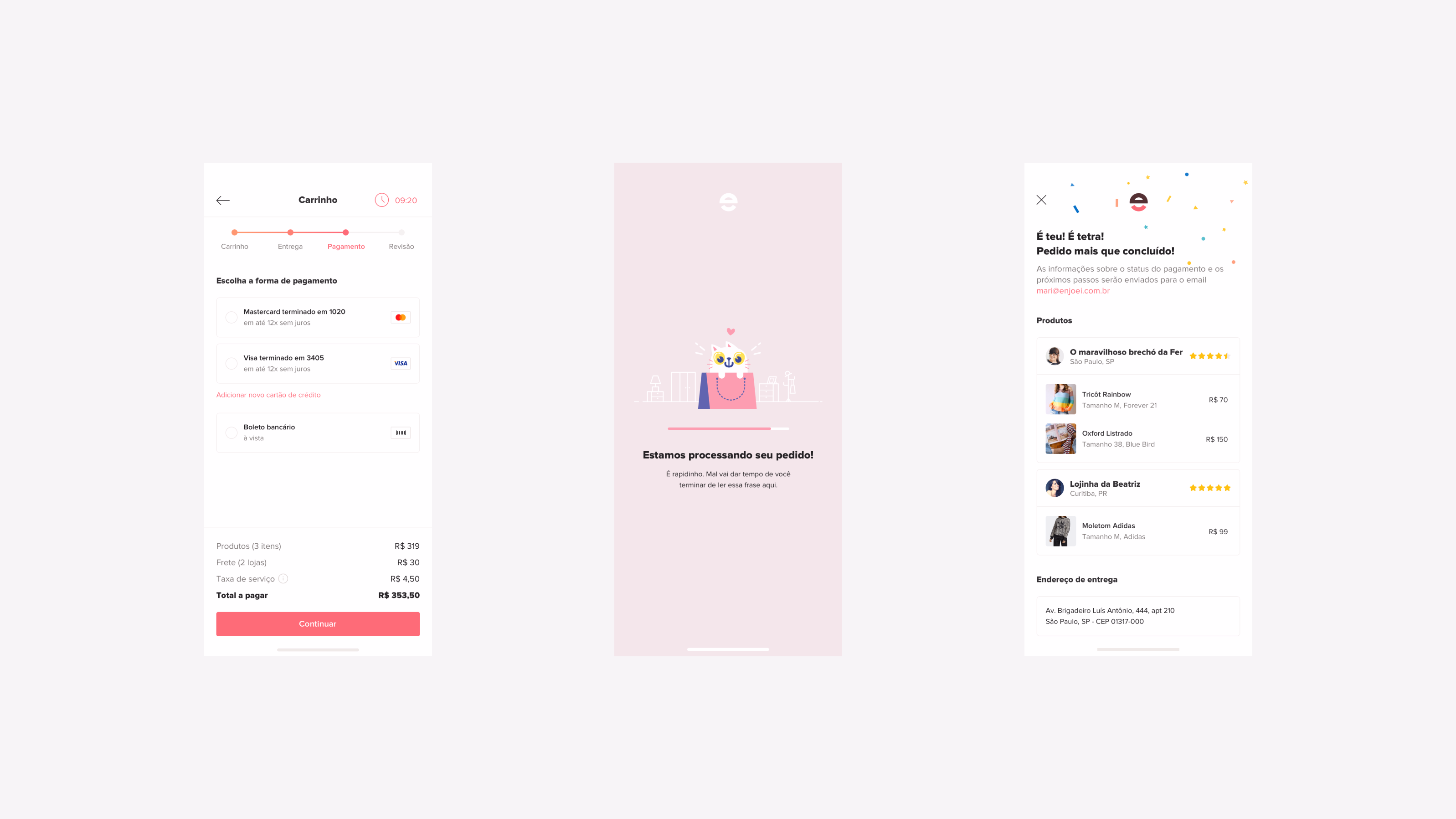Enjoei — Three mobile checkout screens: cart, processing, and confirmation