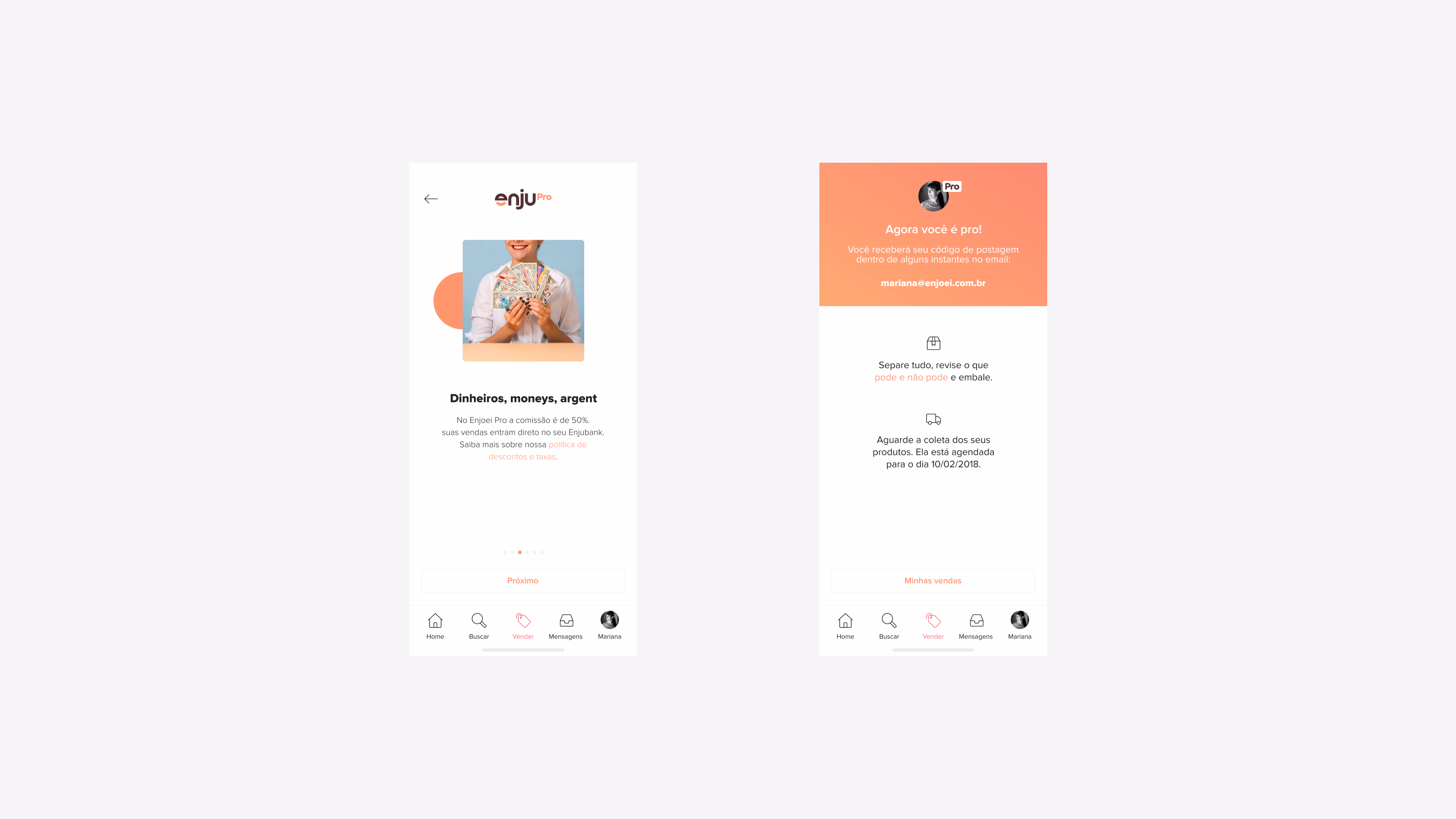 Enjoei — Two mobile screens of Enjoei Pro with seller dashboard and payments