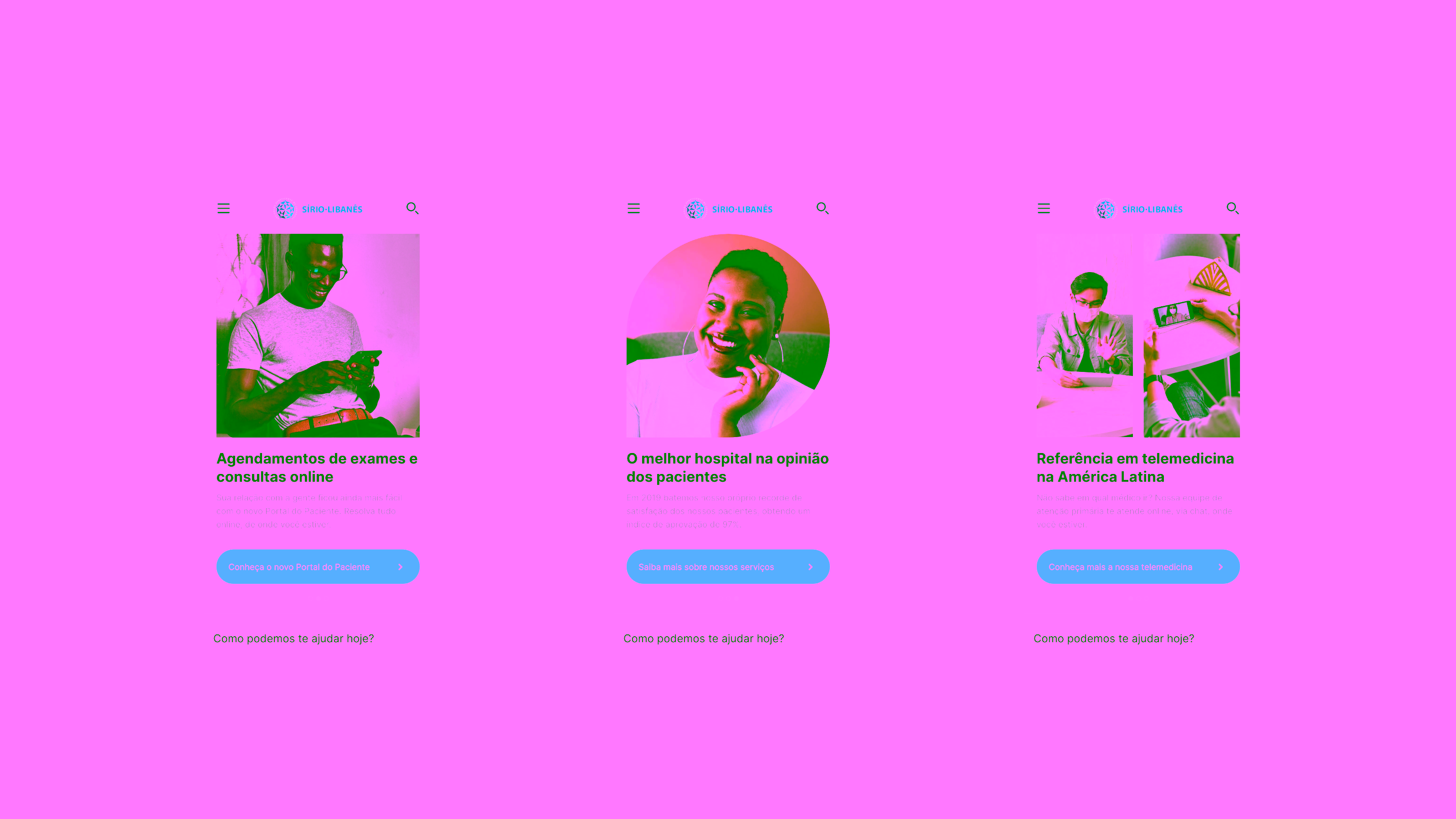 Sírio-Libanês — Three mobile screens with online scheduling, ratings, and telemedicine