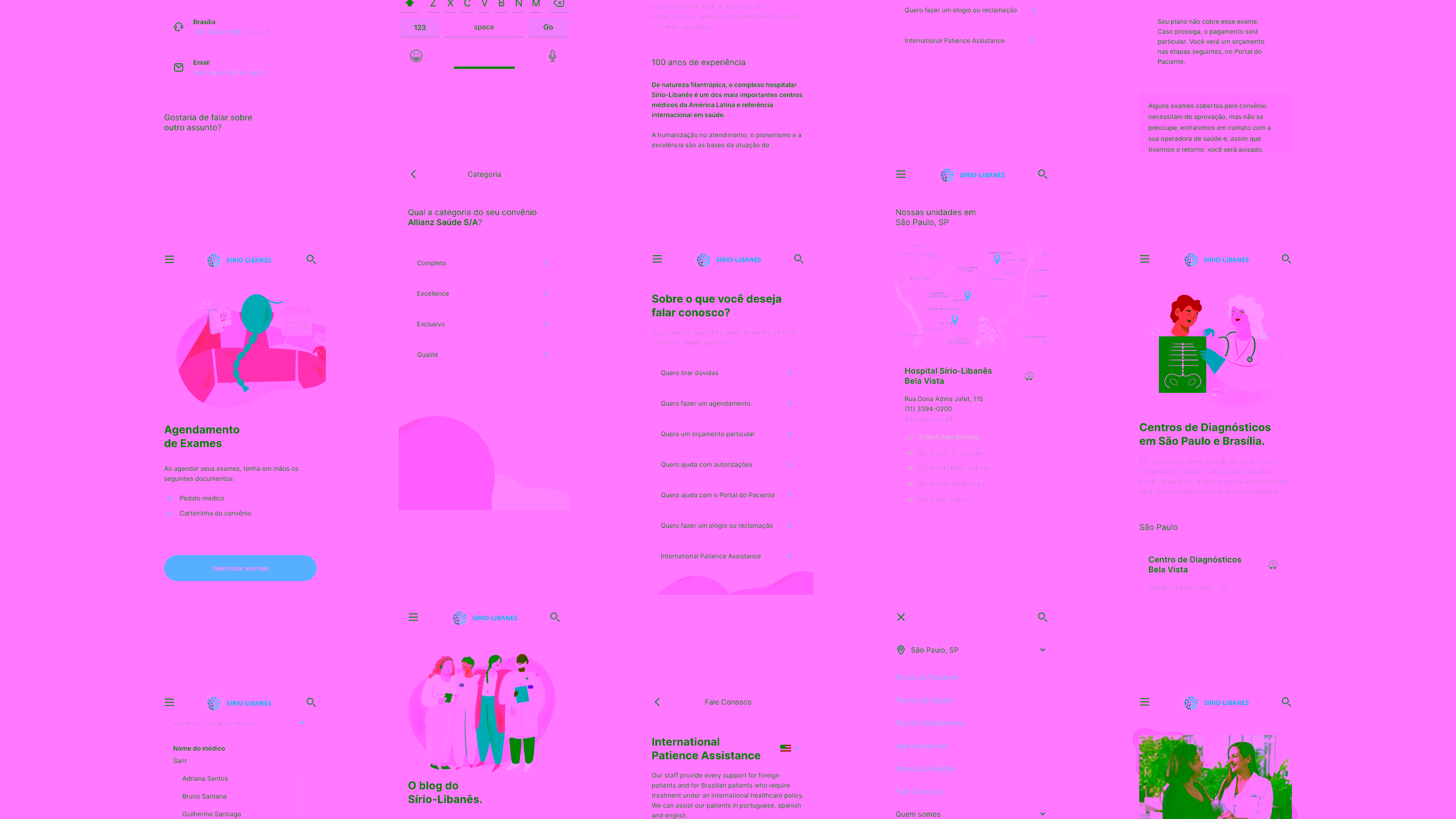 Sírio-Libanês — Mobile app screens with scheduling, specialties, and location finder