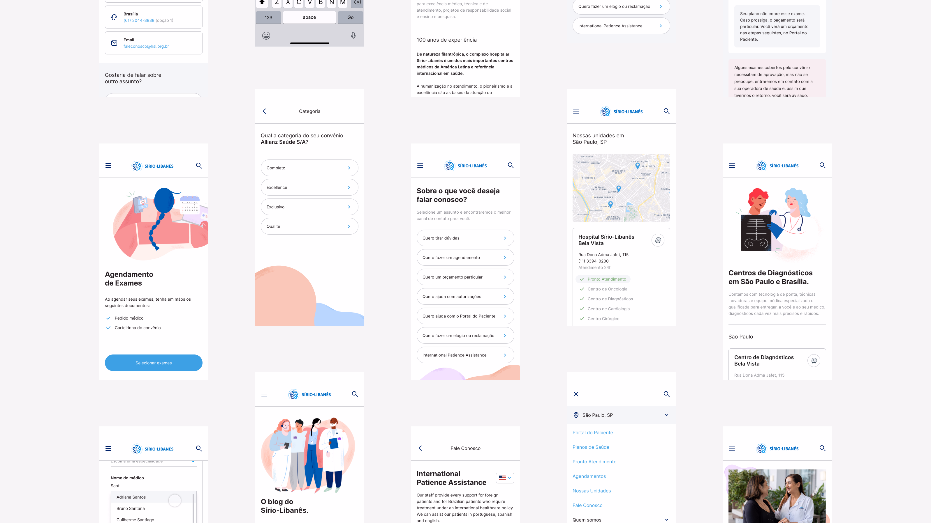 Sírio-Libanês — Telas do app mobile com agendamento, especialidades e localização