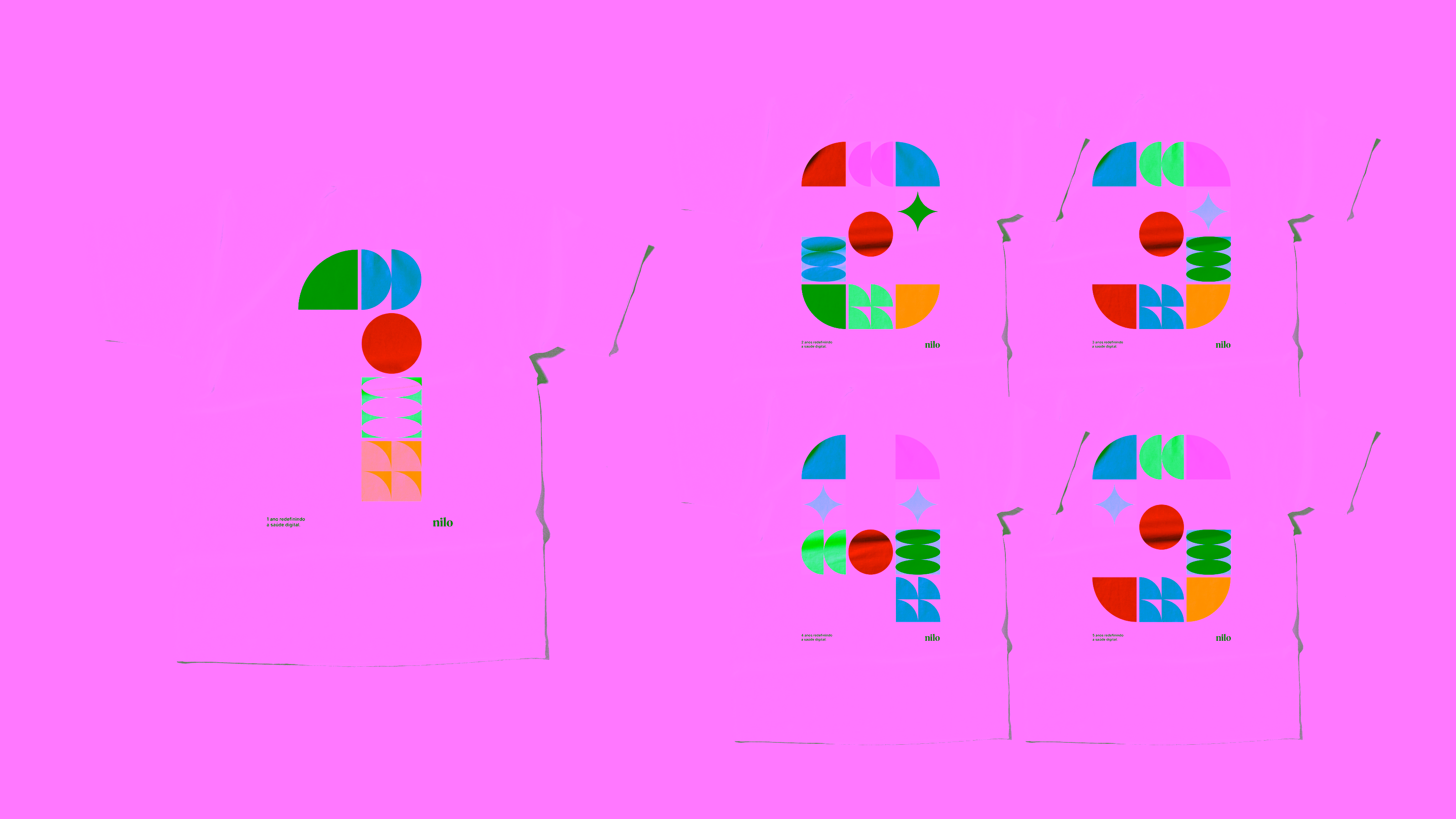 Nilo — Five t-shirts with numerals built from geometric brand shapes