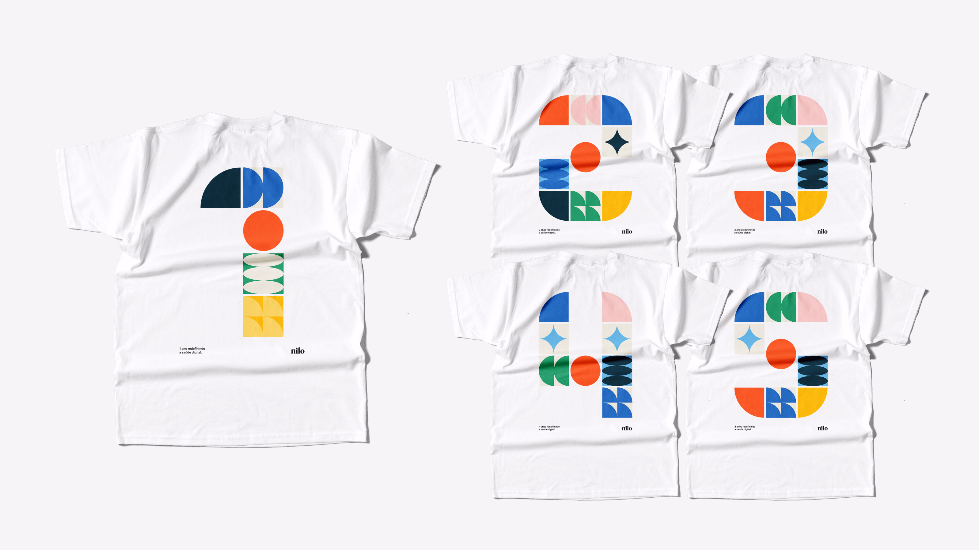 Nilo — Five t-shirts with numerals built from geometric brand shapes