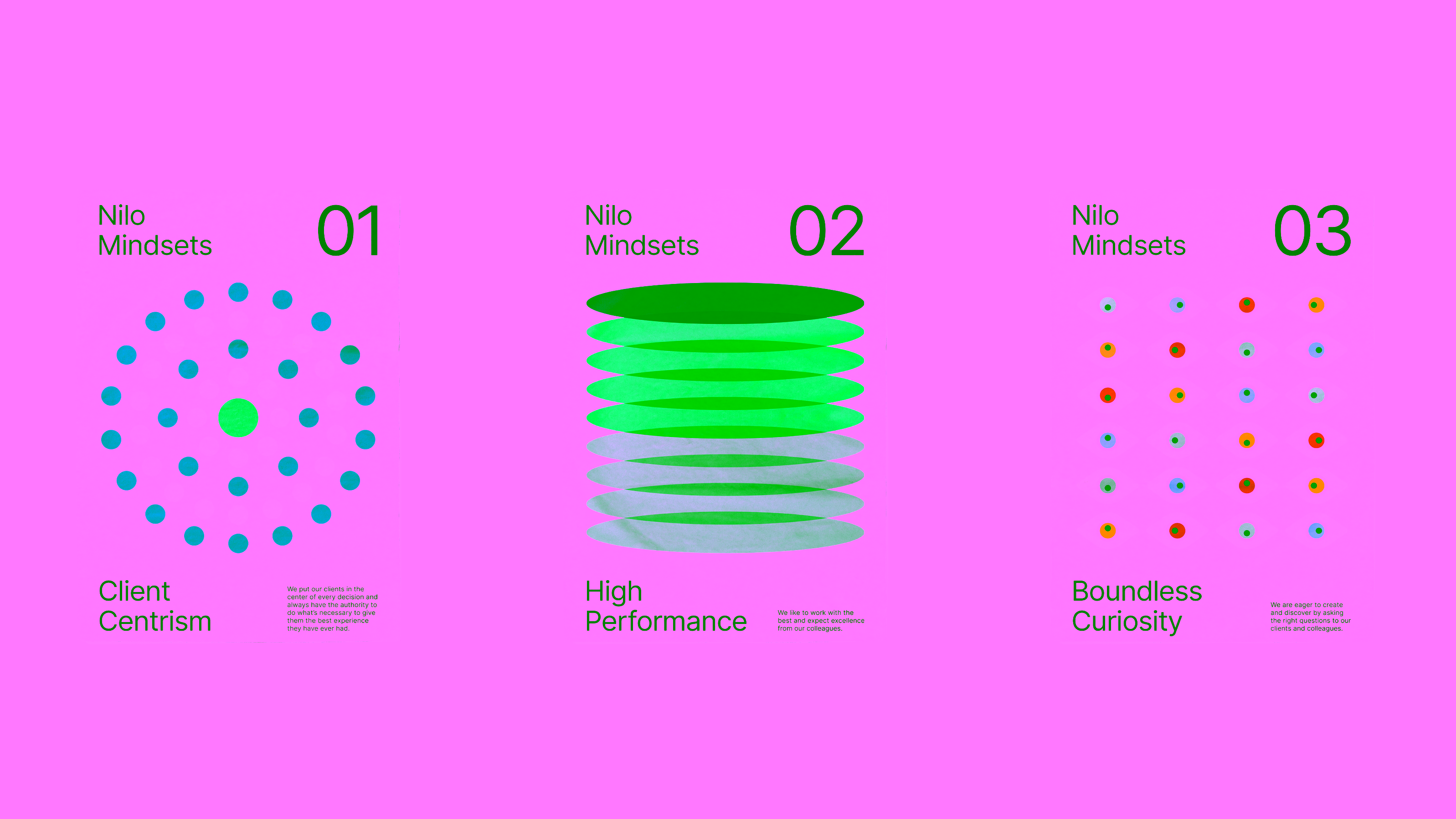 Nilo — Three Mindsets posters: Client Centrism, High Performance, Boundless Curiosity