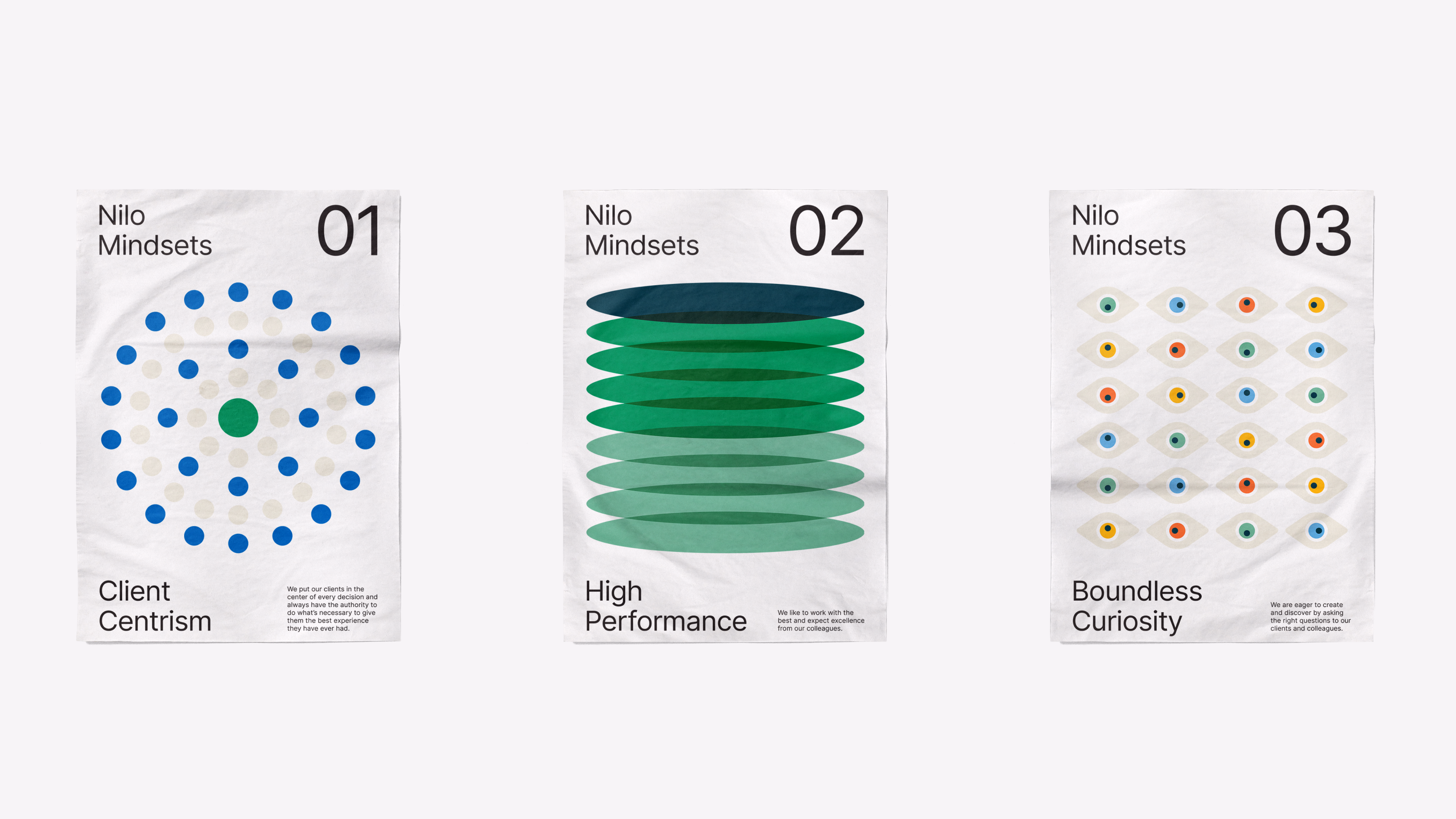 Nilo — Three Mindsets posters: Client Centrism, High Performance, Boundless Curiosity