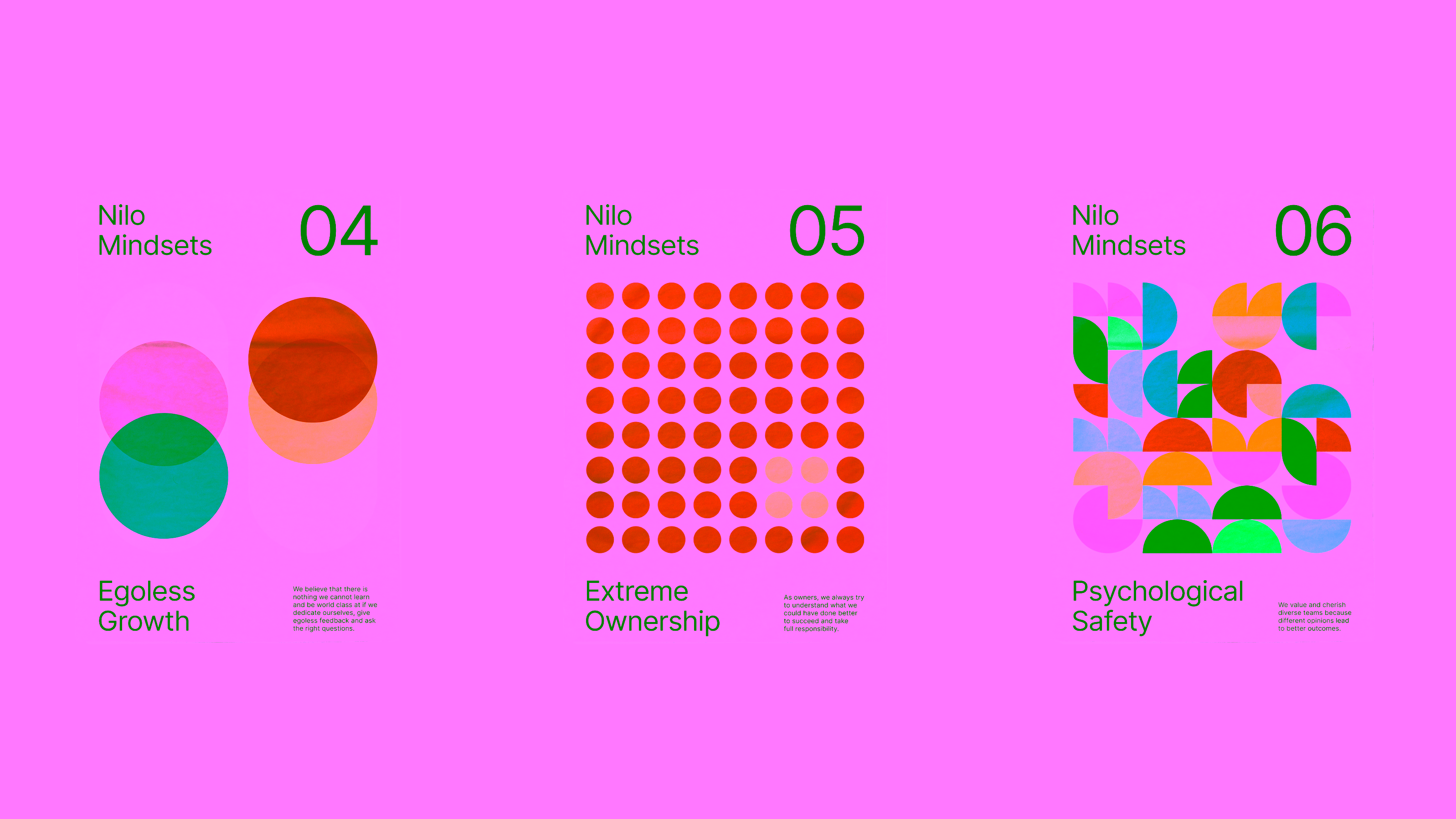 Nilo — Three Mindsets posters: Egoless Growth, Extreme Ownership, Psychological Safety