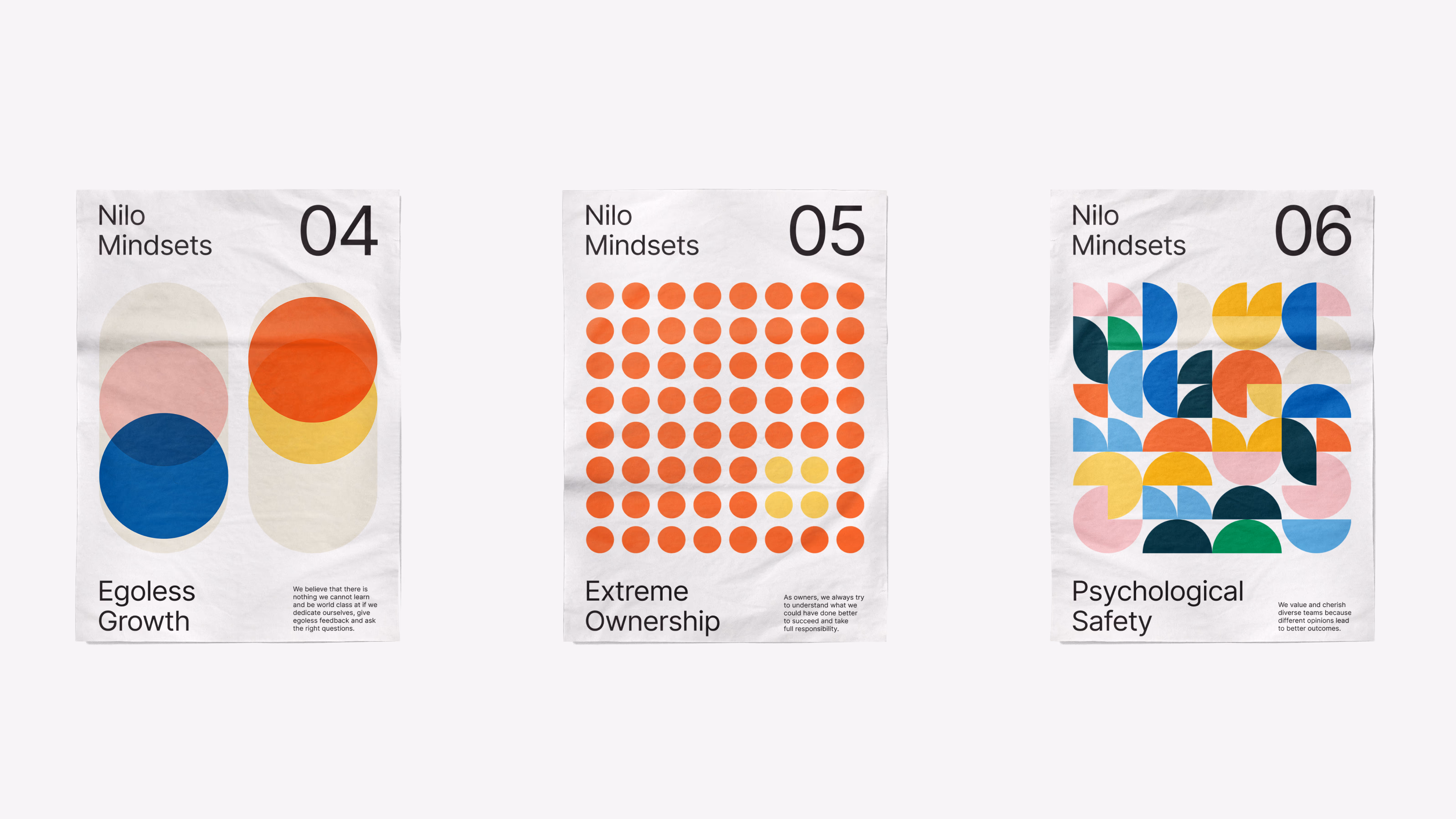 Nilo — Three Mindsets posters: Egoless Growth, Extreme Ownership, Psychological Safety