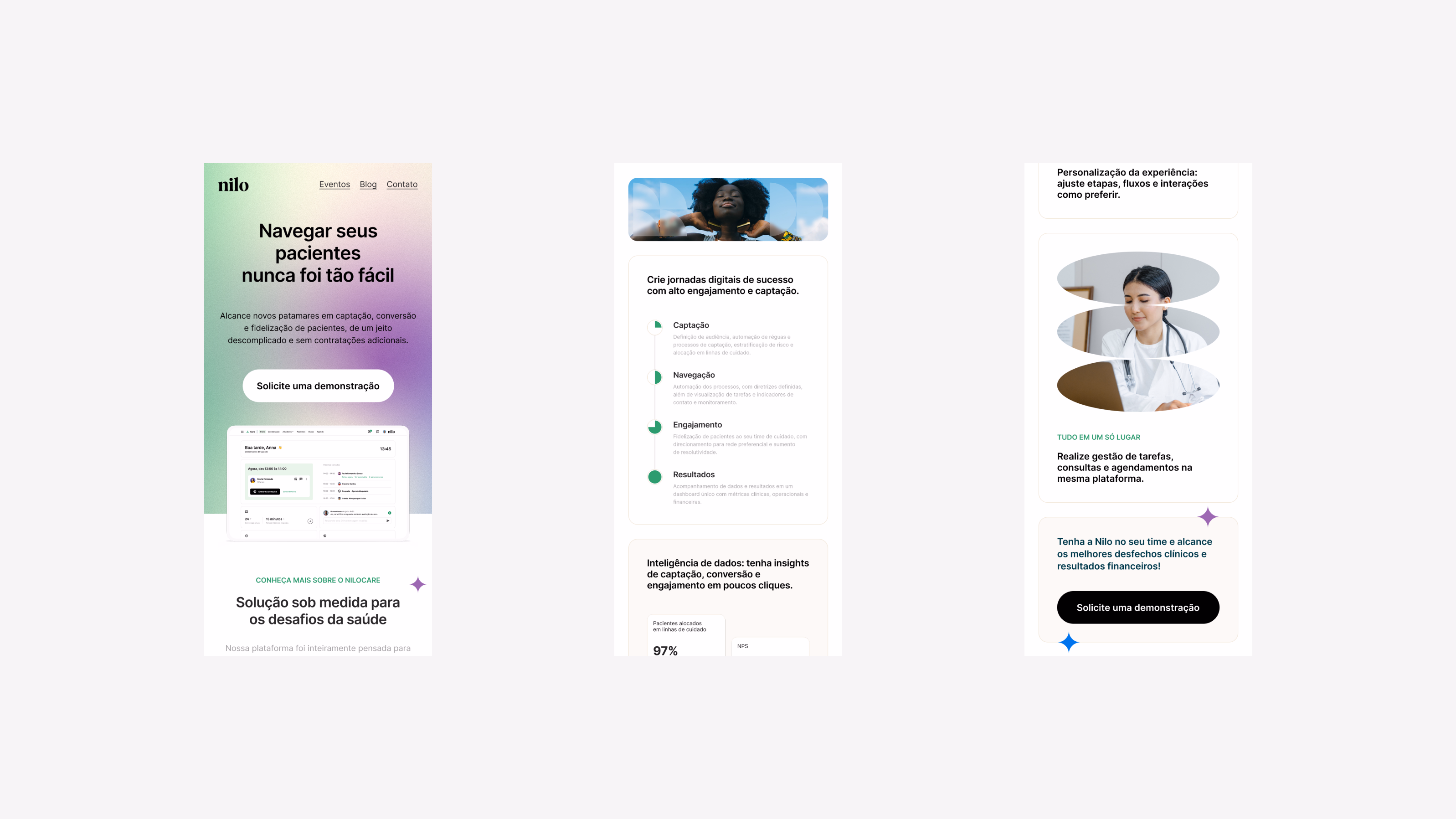 Nilo — Three mobile responsive screens with digital journeys and personalization