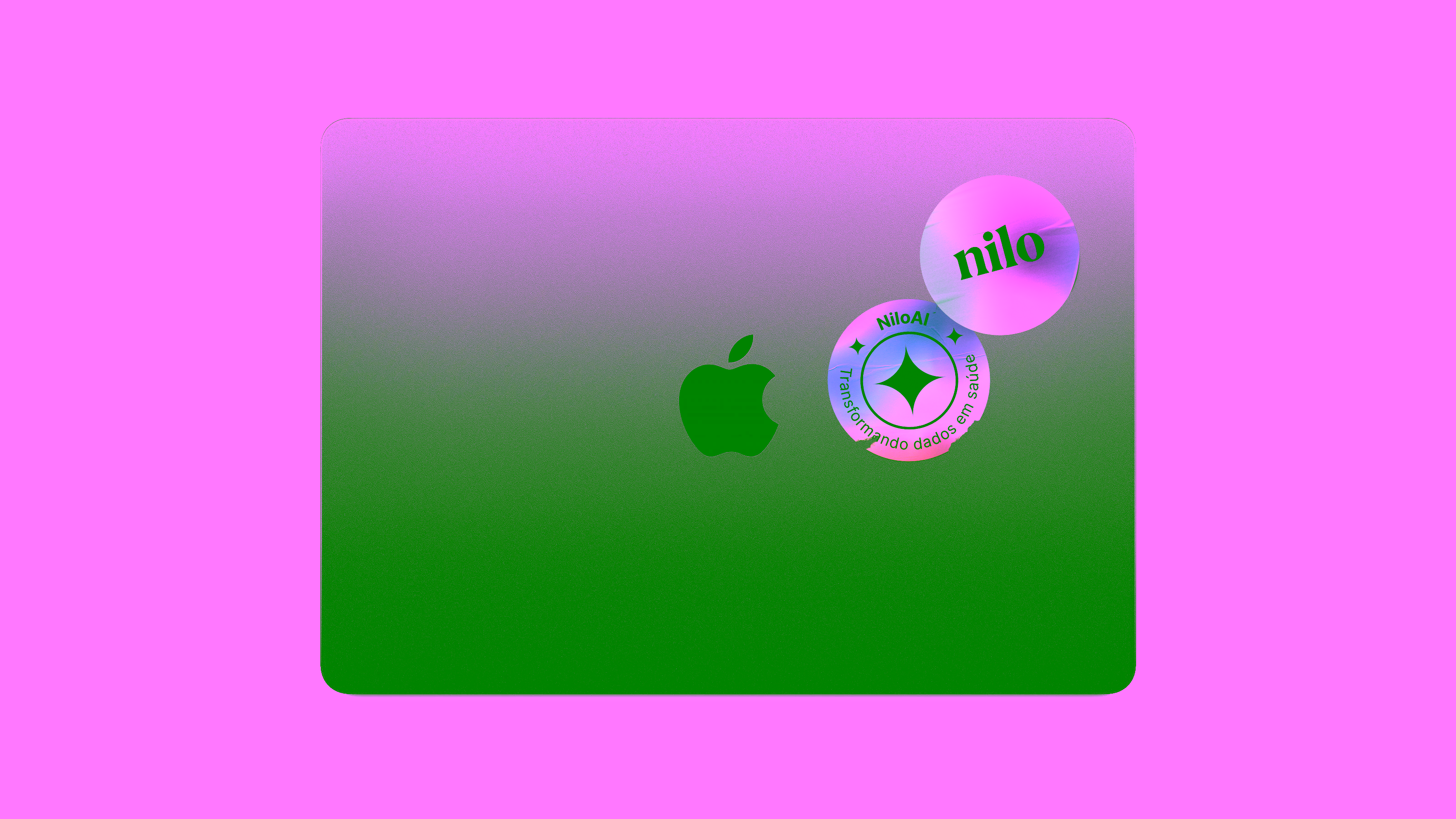 Nilo — MacBook mockup with holographic Nilo and NiloAI stickers