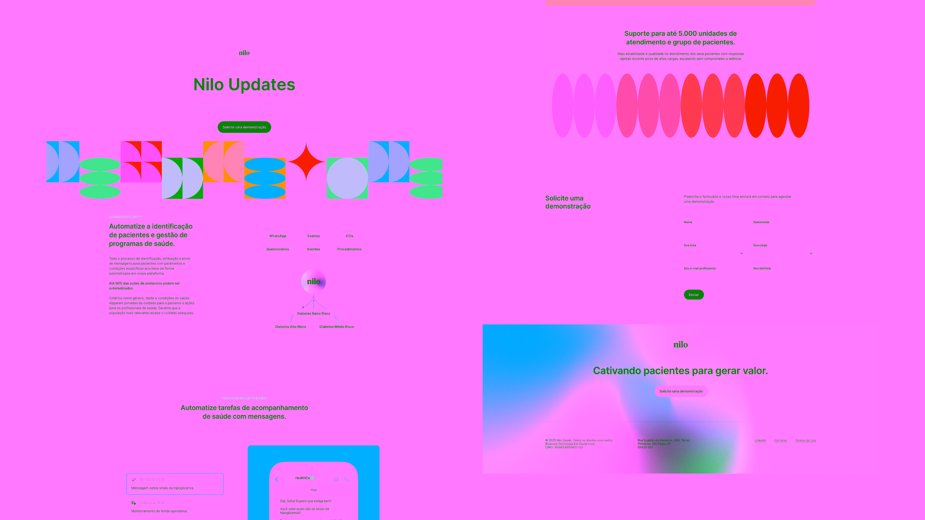 Nilo — Updates page, features, demo form, and footer sections