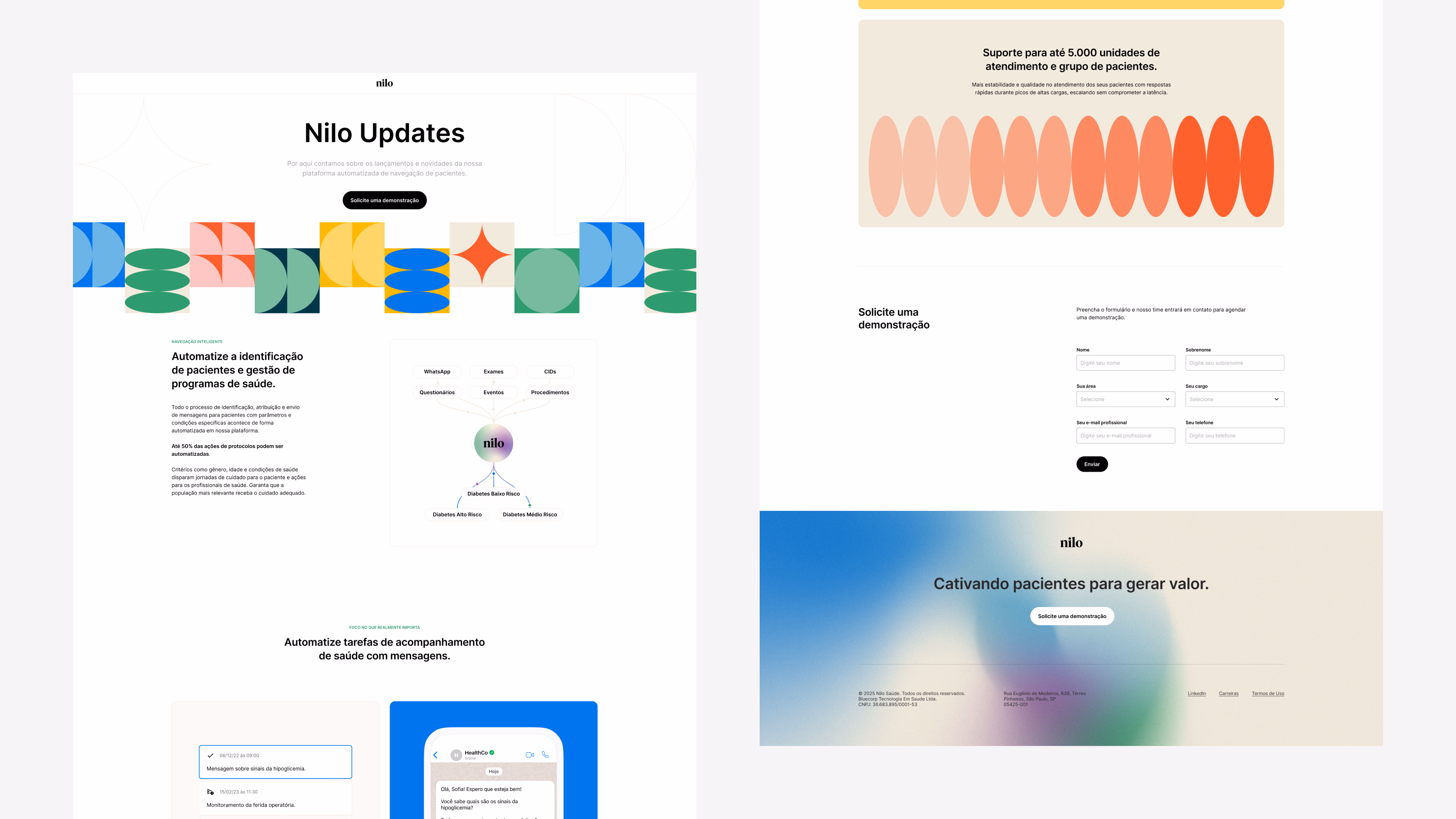 Nilo — Updates page, features, demo form, and footer sections