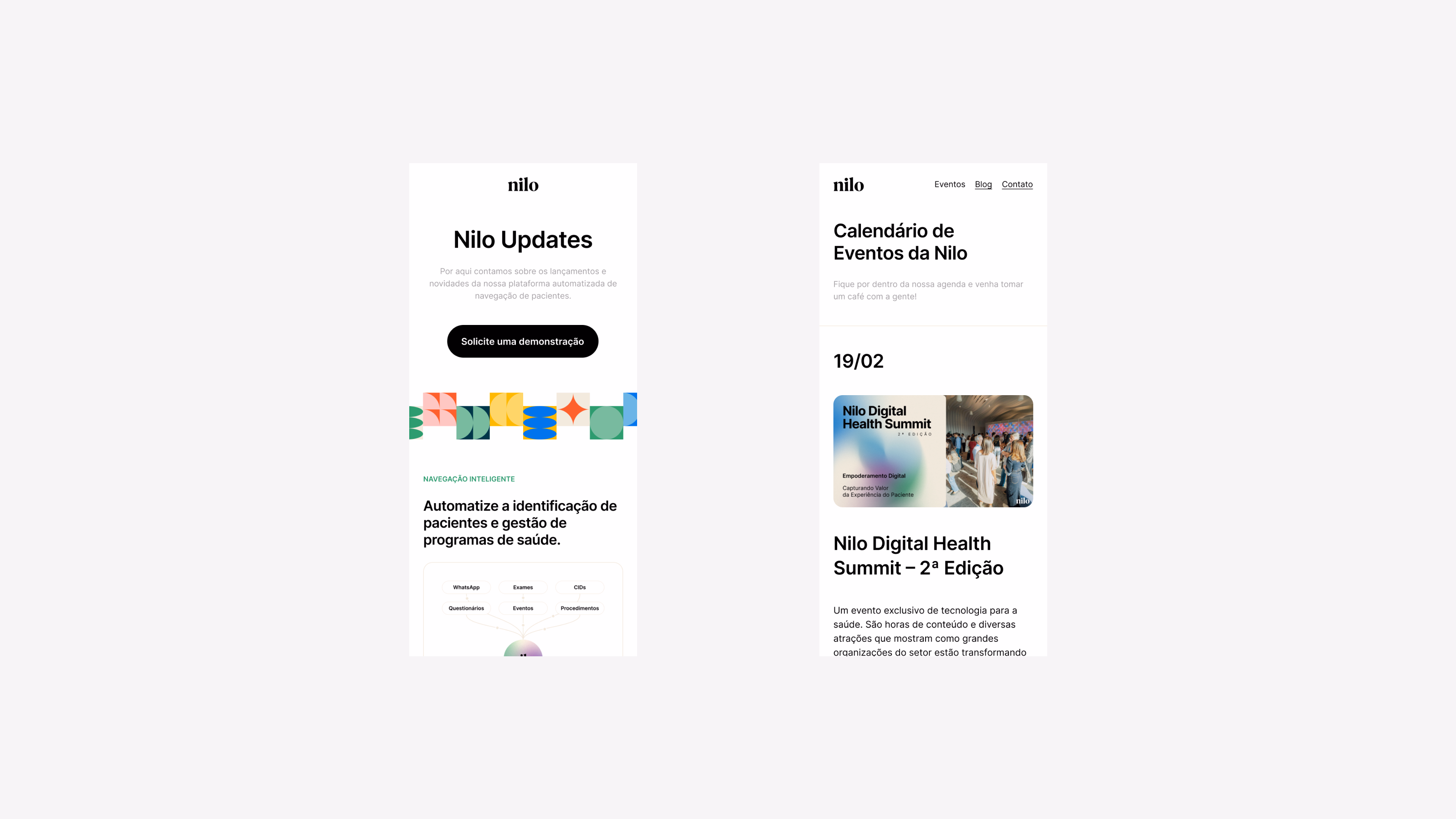 Nilo — Mobile screens for updates page and events calendar