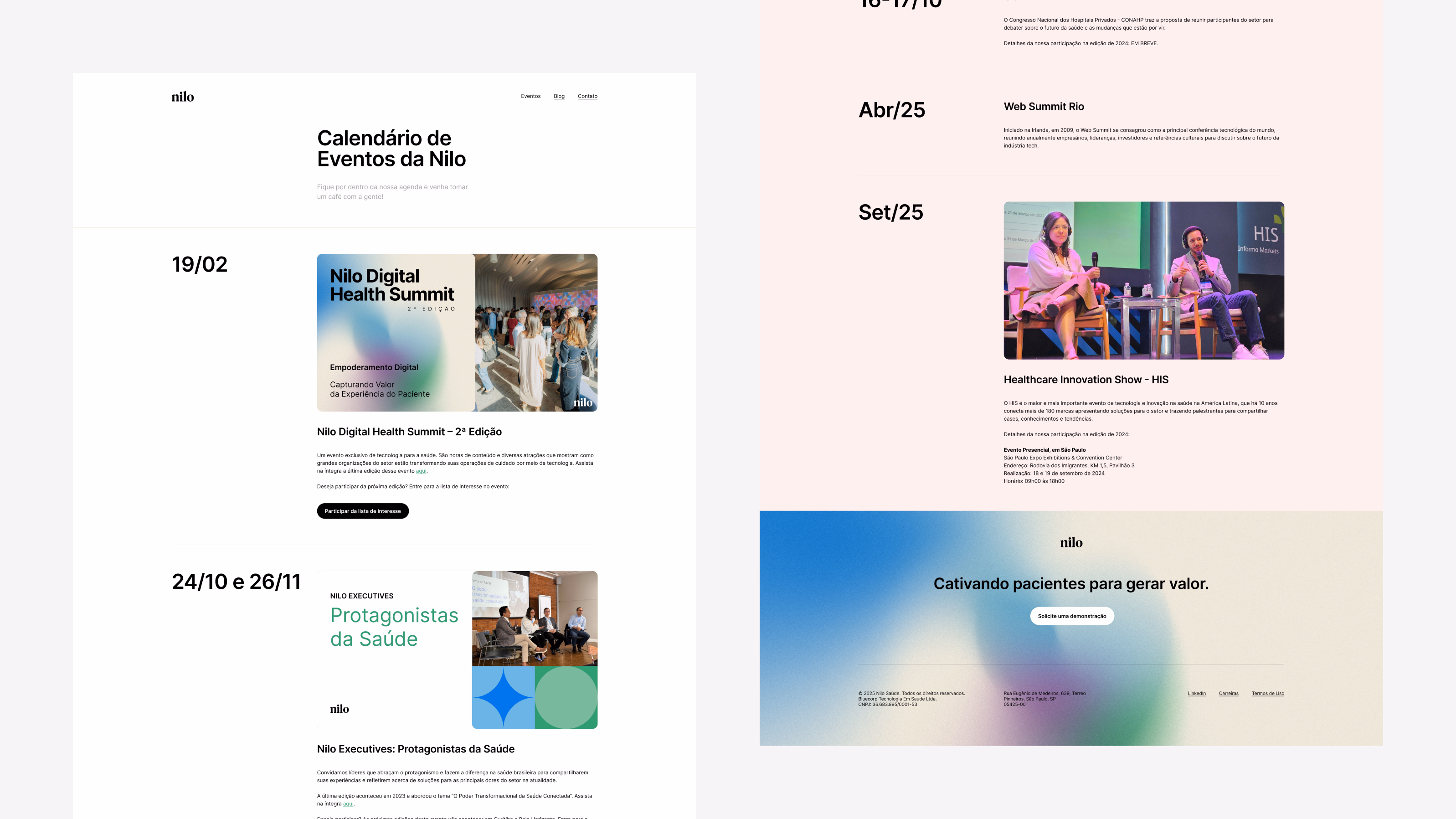 Nilo — Desktop events calendar page with Digital Health Summit