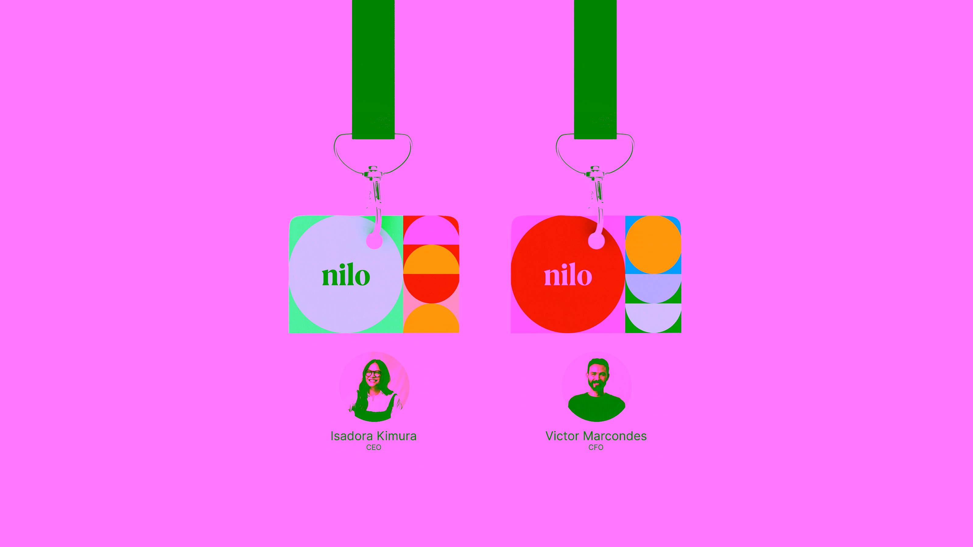 Nilo — Event badges with geometric brand patterns for CEO and CFO