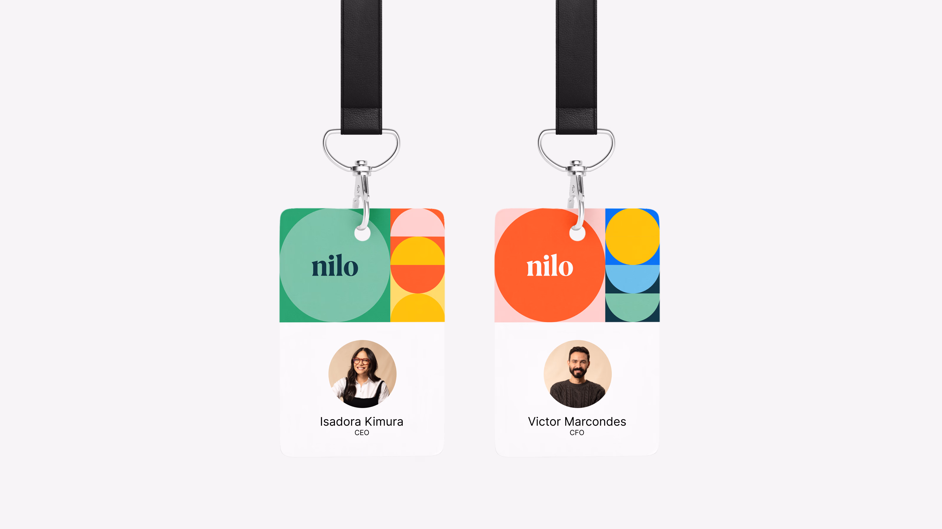Nilo — Event badges with geometric brand patterns for CEO and CFO