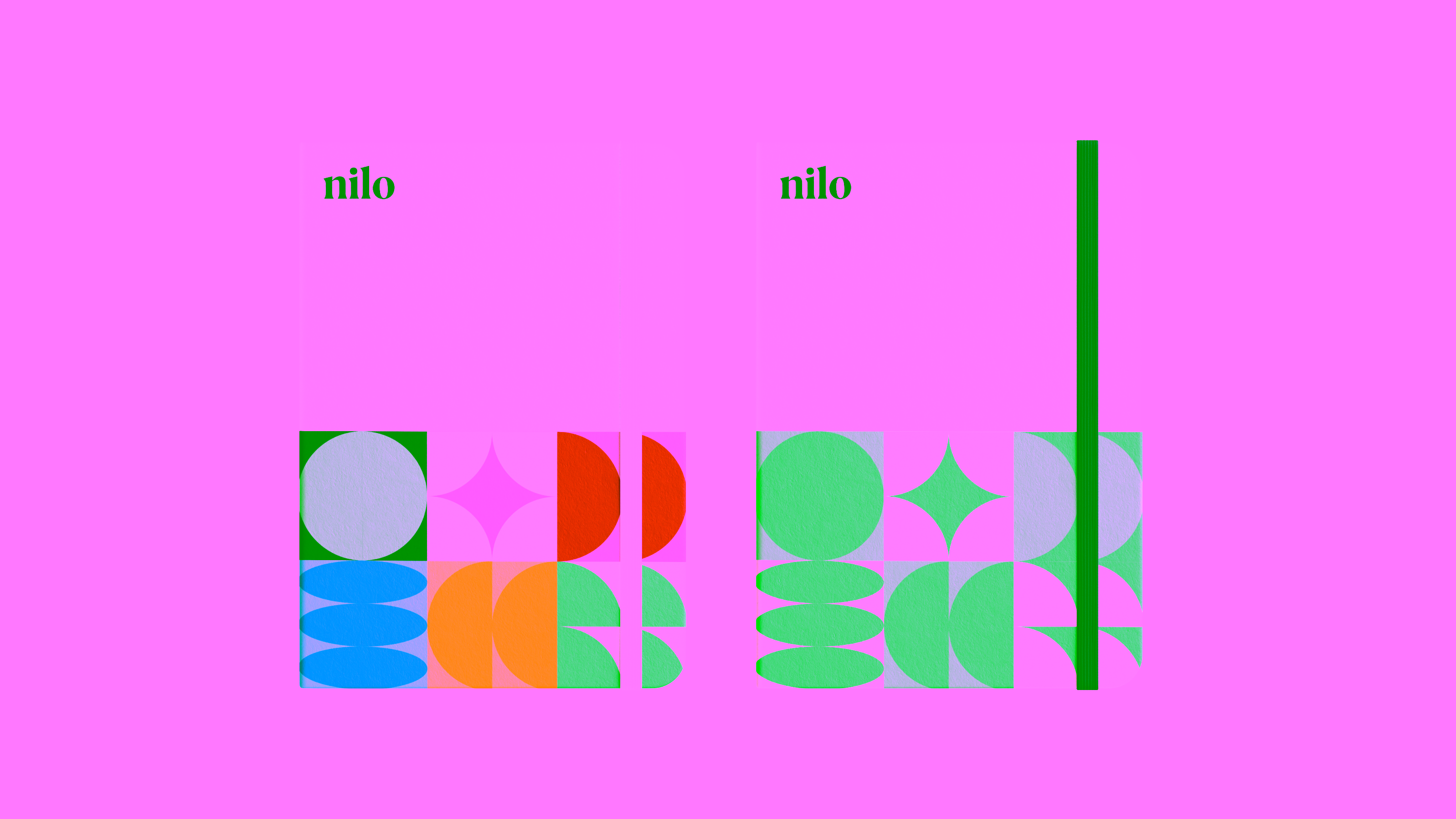Nilo — Notebook mockups with logo and colorful geometric patterns