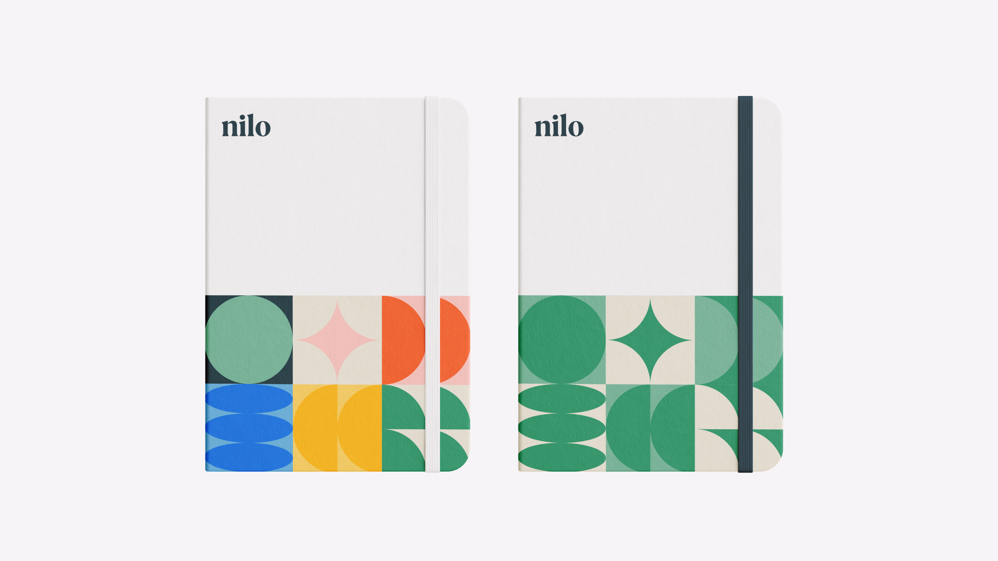 Nilo — Notebook mockups with logo and colorful geometric patterns