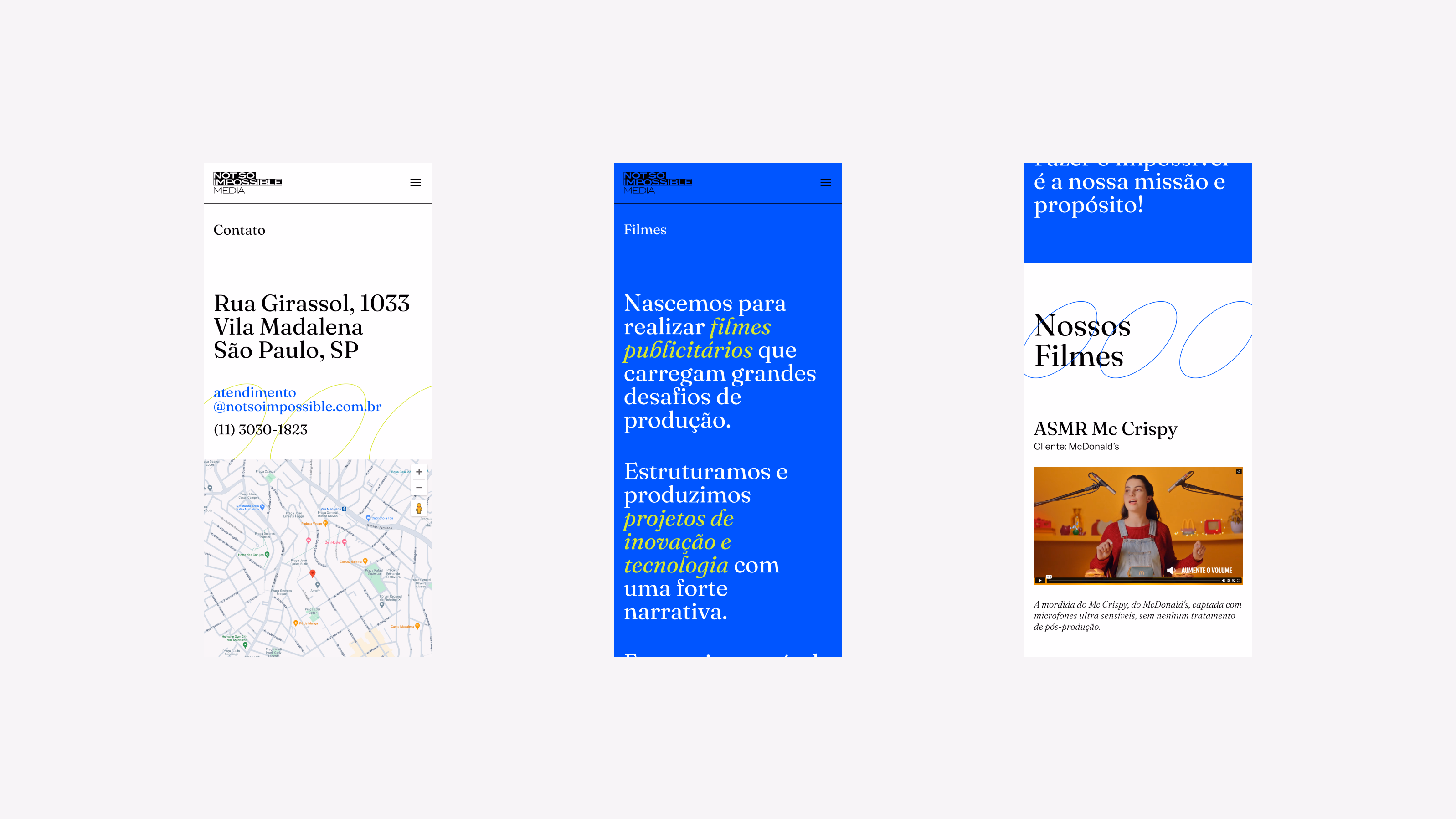 Not So Impossible — Three mobile screens with contact, films, and film detail