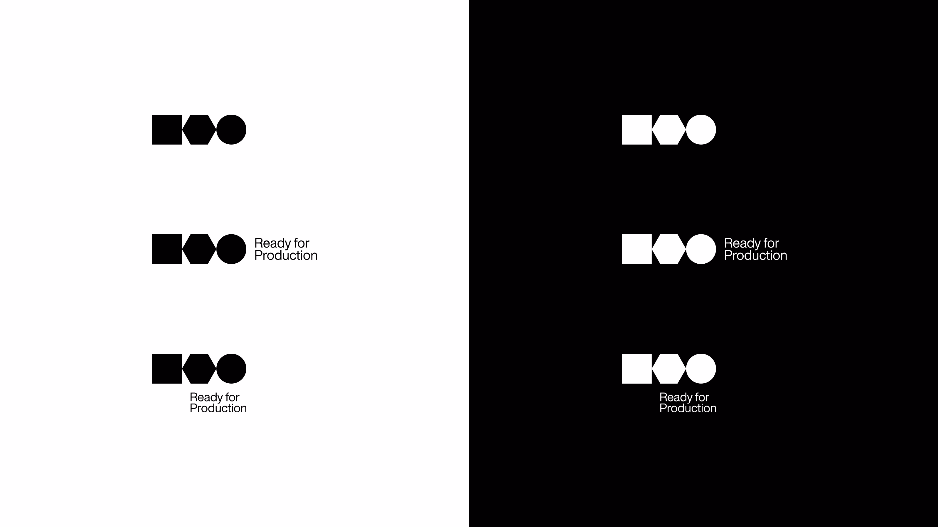 Ready for Production — Variações do logo em preto sobre branco e branco sobre preto