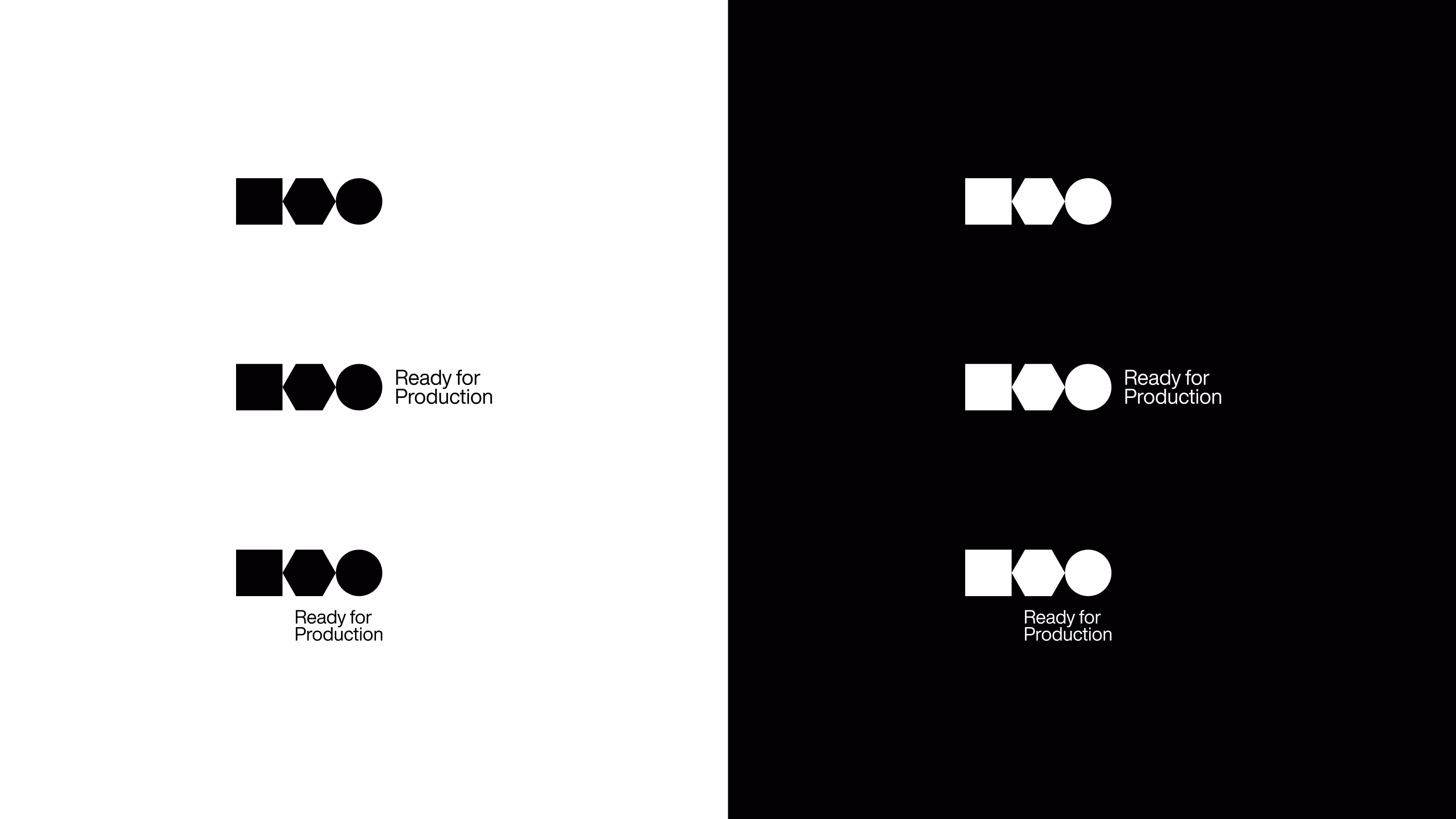 Ready for Production — Variações do logo em preto sobre branco e branco sobre preto