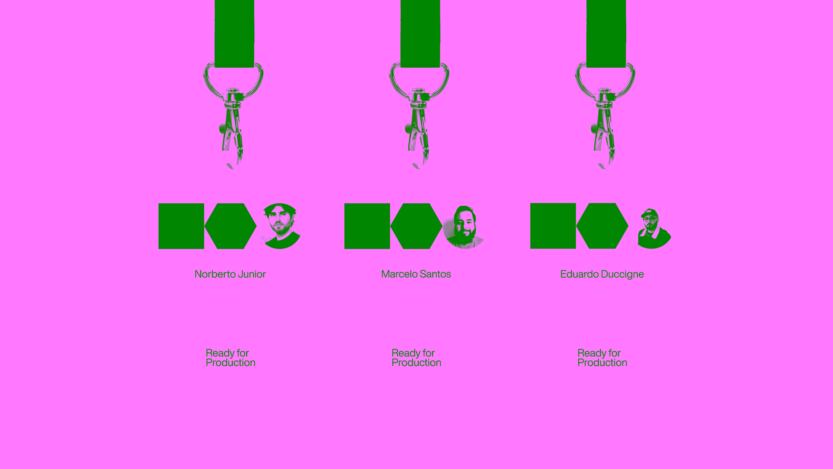 Ready for Production — Three employee badges with portraits and geometric shapes