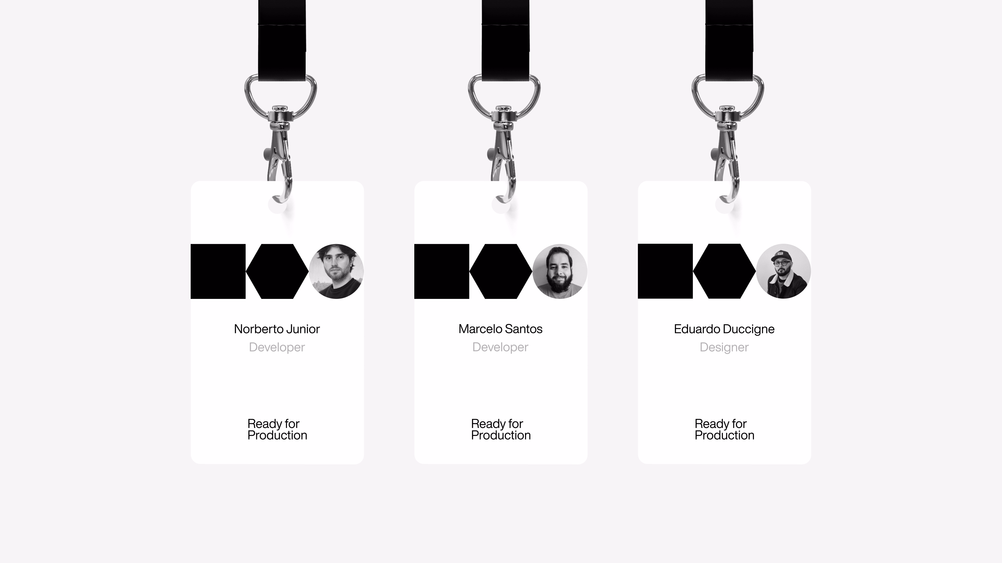 Ready for Production — Três crachás de funcionários com fotos e formas geométricas