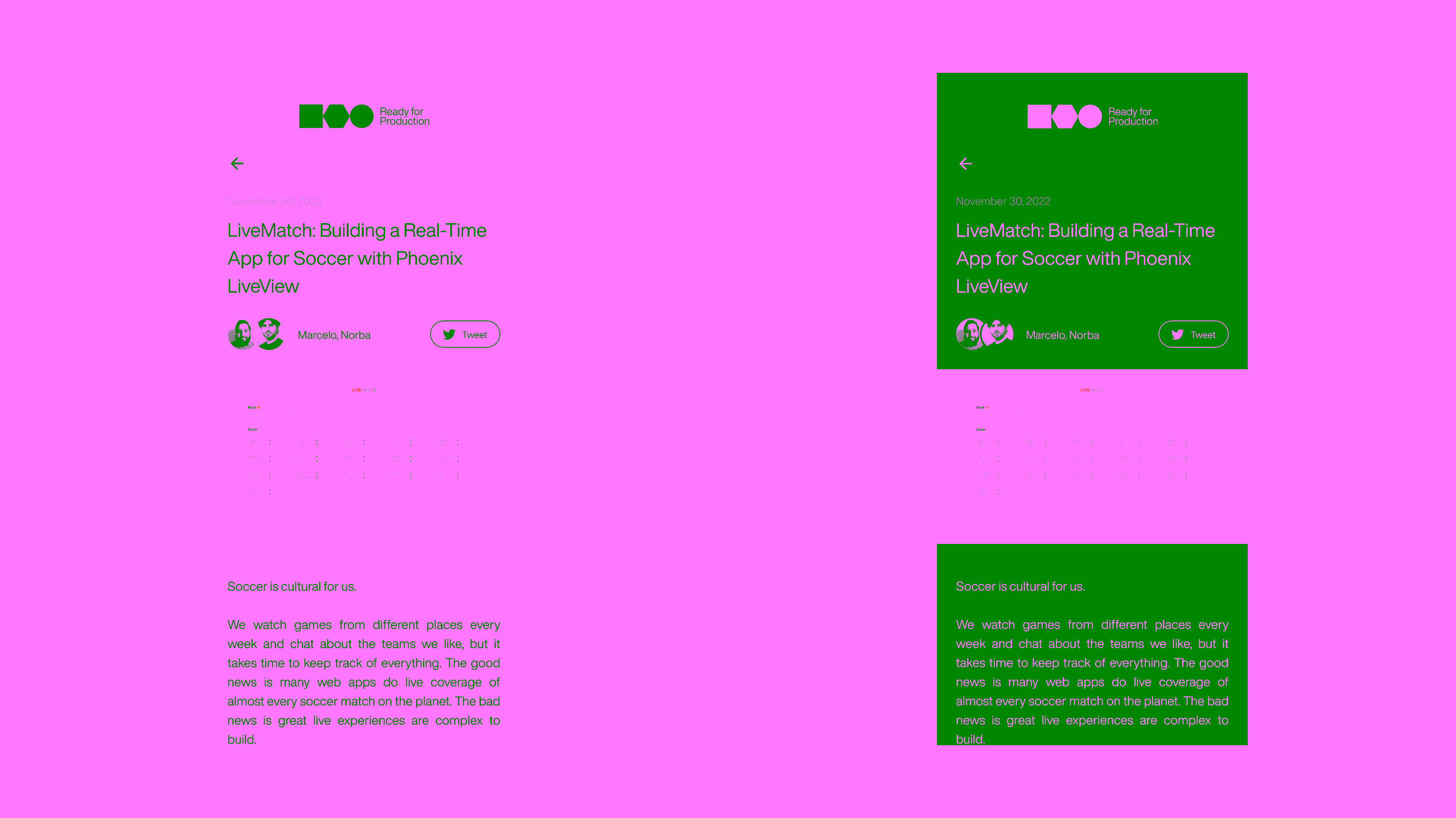 Ready for Production — Blog post on tablet in light and dark mode