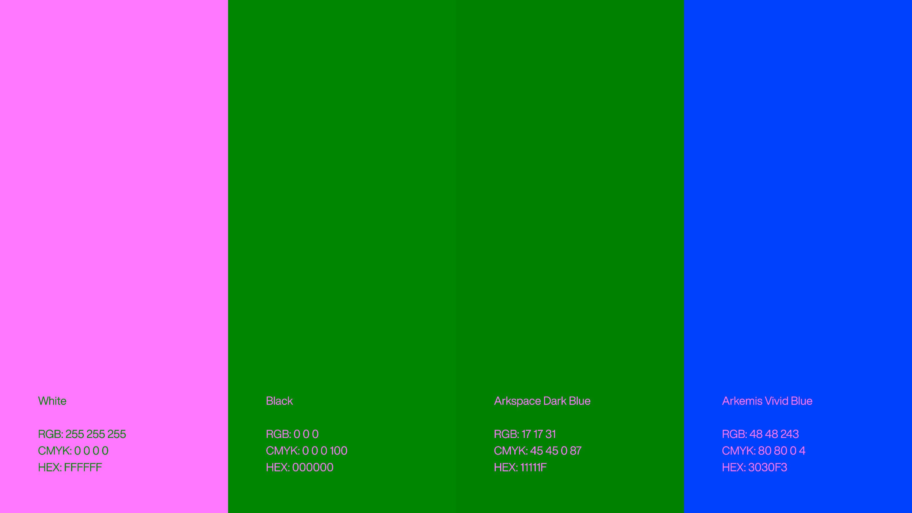 Arkemis — Color palette: White, Black, Arkspace Dark Blue, and Vivid Blue
