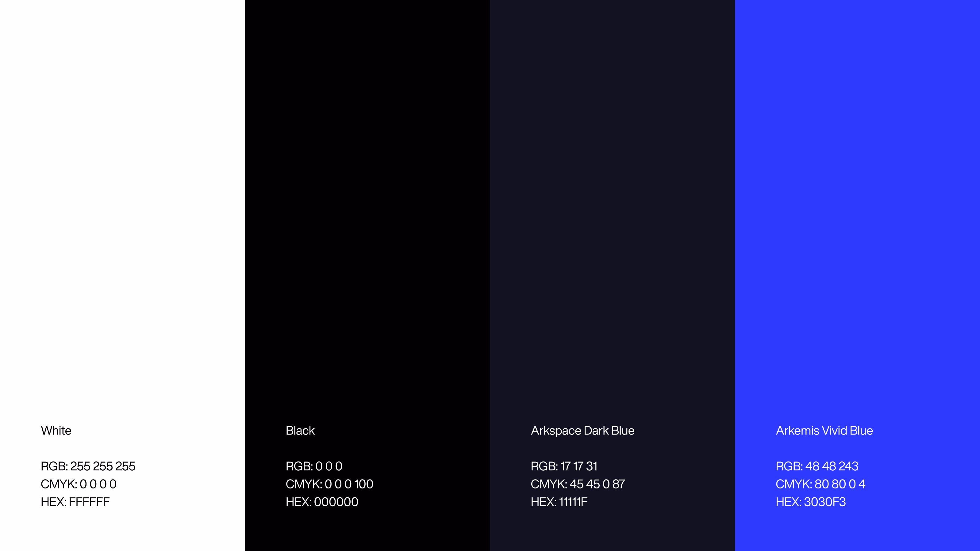 Arkemis — Color palette: White, Black, Arkspace Dark Blue, and Vivid Blue
