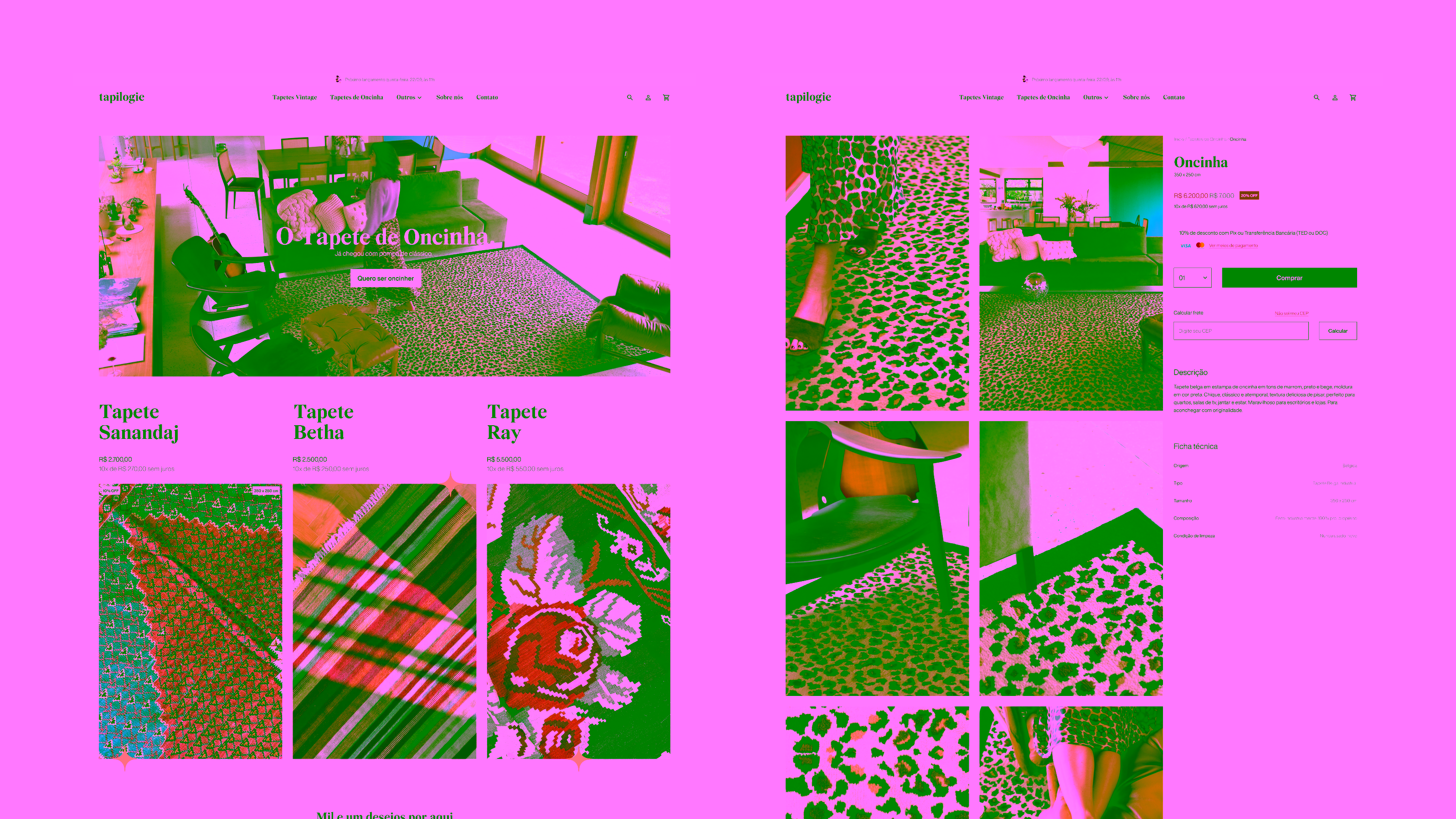 Tapilogie — Desktop homepage and product page for the leopard-print rug