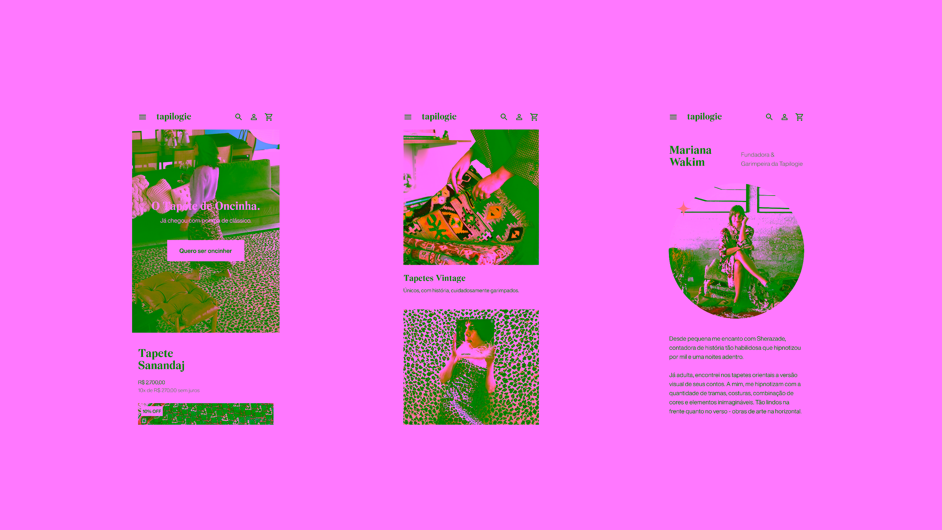 Tapilogie — Three mobile screens with homepage, vintage rugs, and founder profile