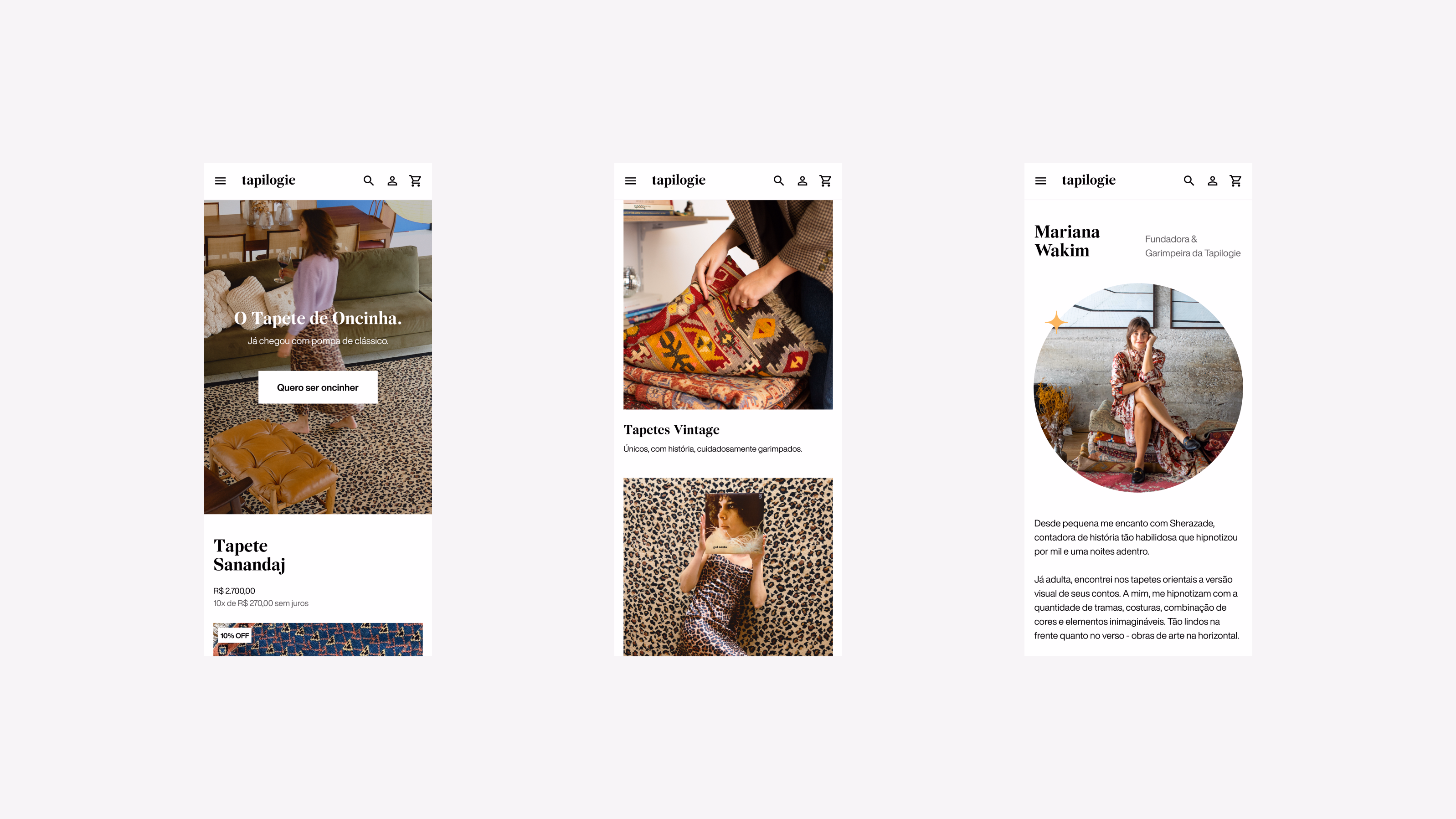 Tapilogie — Three mobile screens with homepage, vintage rugs, and founder profile