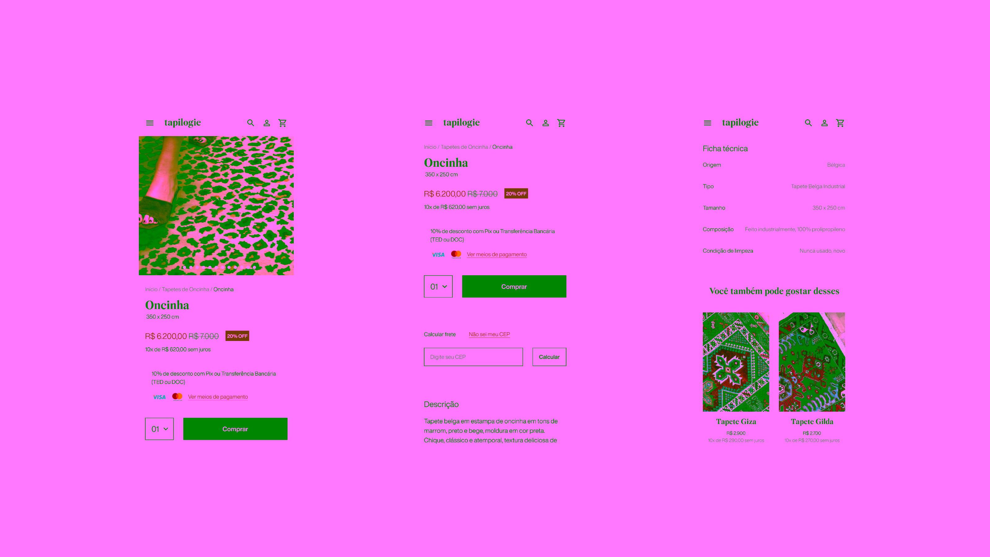 Tapilogie — Three mobile product detail screens with price and recommendations