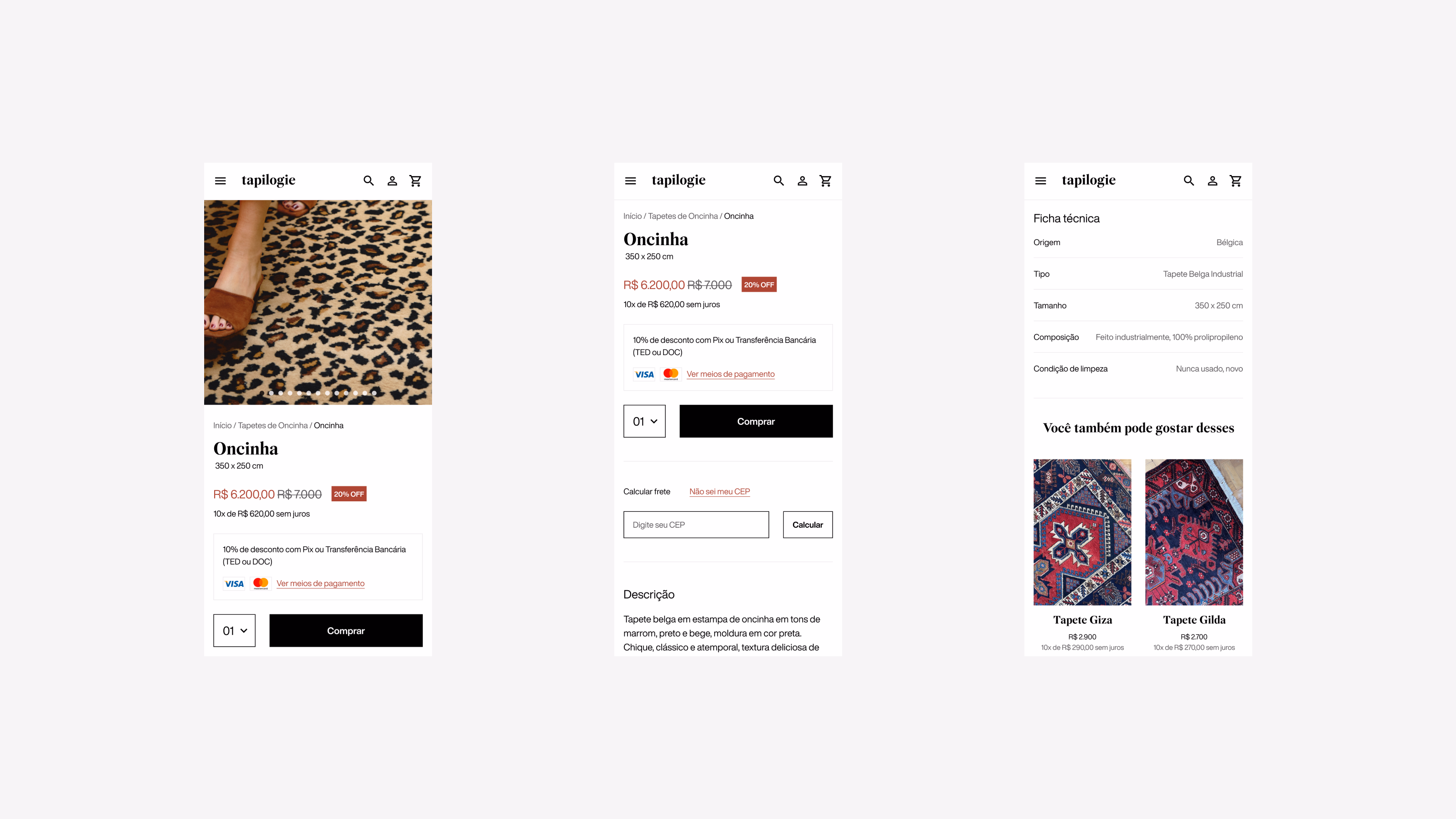 Tapilogie — Three mobile product detail screens with price and recommendations