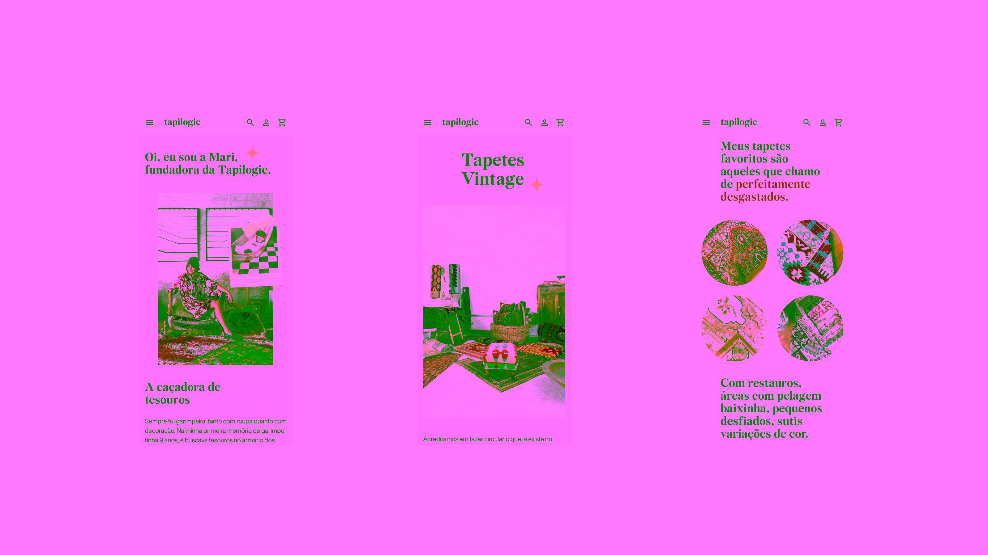 Tapilogie — Three mobile screens with founder story and rug details